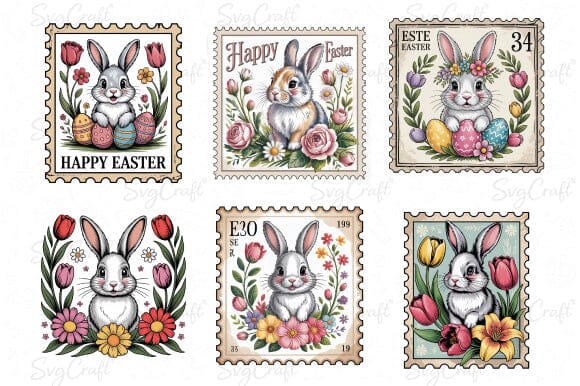 Easter Postal Stamps PNG Bundle /Vintage Floral Sublimation - Image 2
