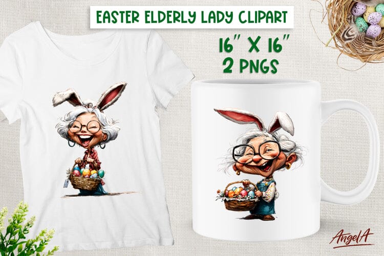 Elderly Old lady clipart Easter PNG Grandma with bunny ears