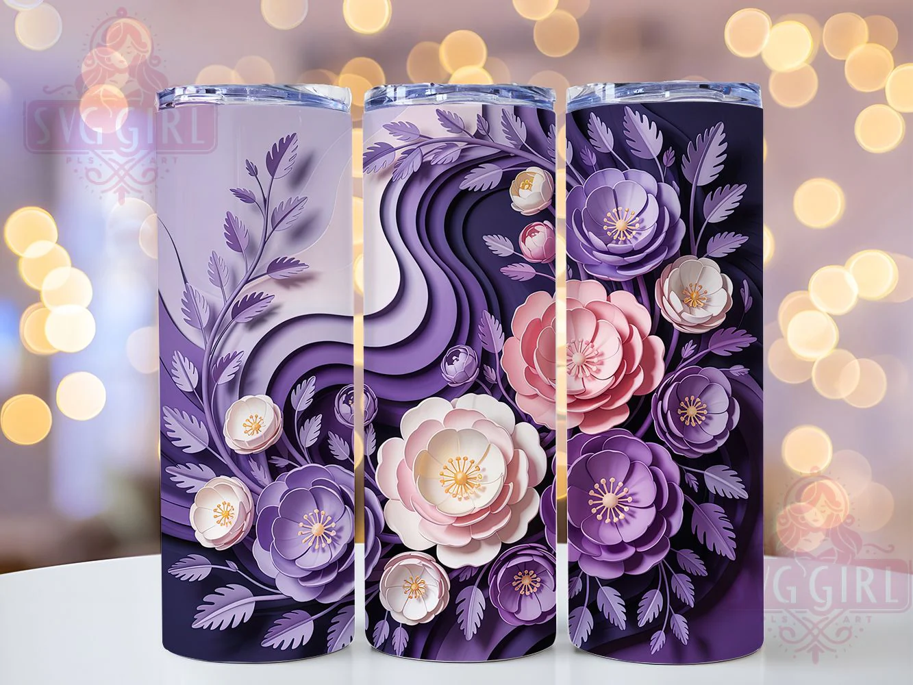 Elegant 3D Purple Floral Tumbler Wrap, Purple Theme, Floral Art, Elegant Design, Vibrant Style, Tumbler Wrap, Sublimation Design