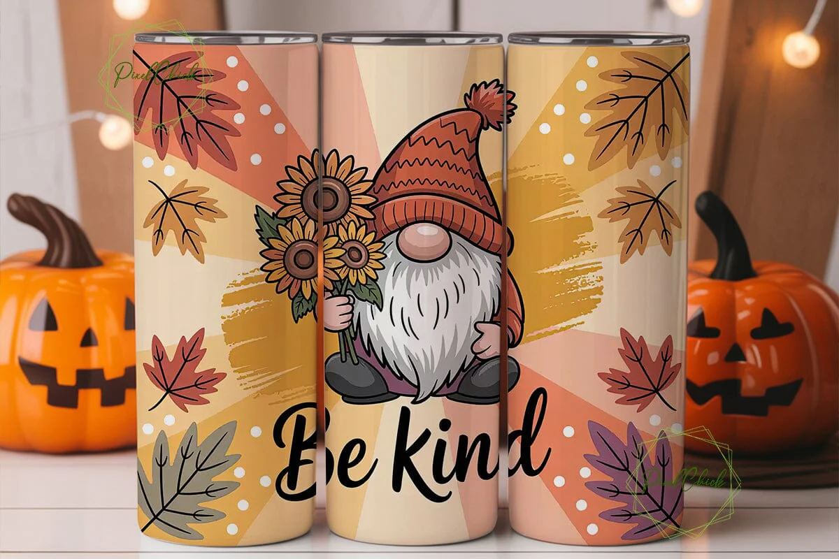 Fall Gnome Be Kind 20oz Tumbler Wrap - Image 3