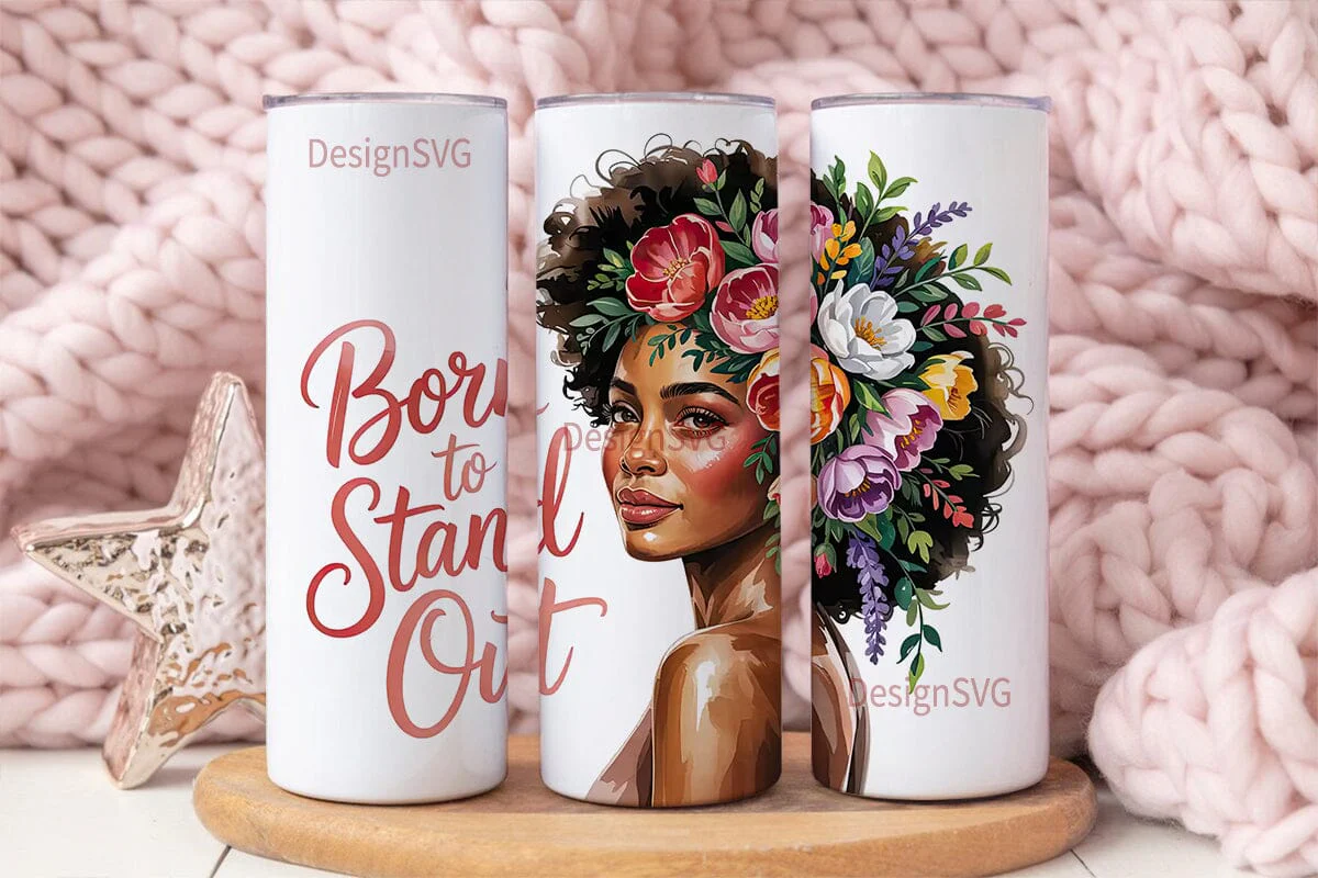 Floral Black Woman Portrait Tumbler Wrap