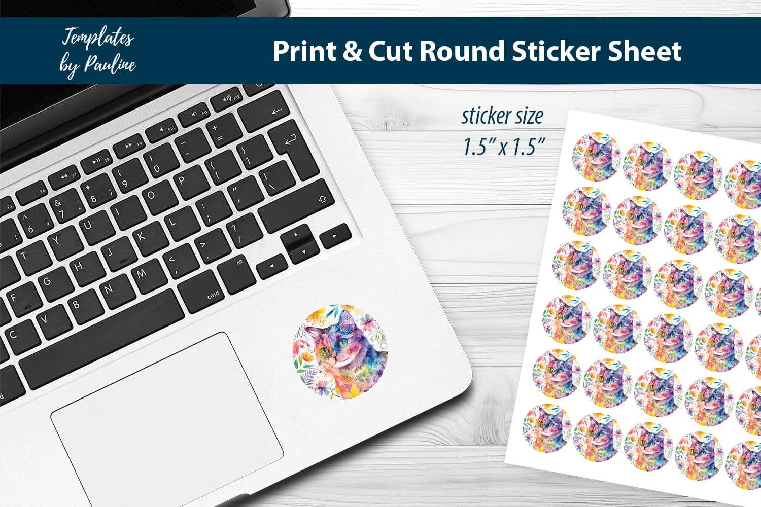 Floral Cat Round Sticker Sheet, Cute Cat Digital Sticker - Image 3