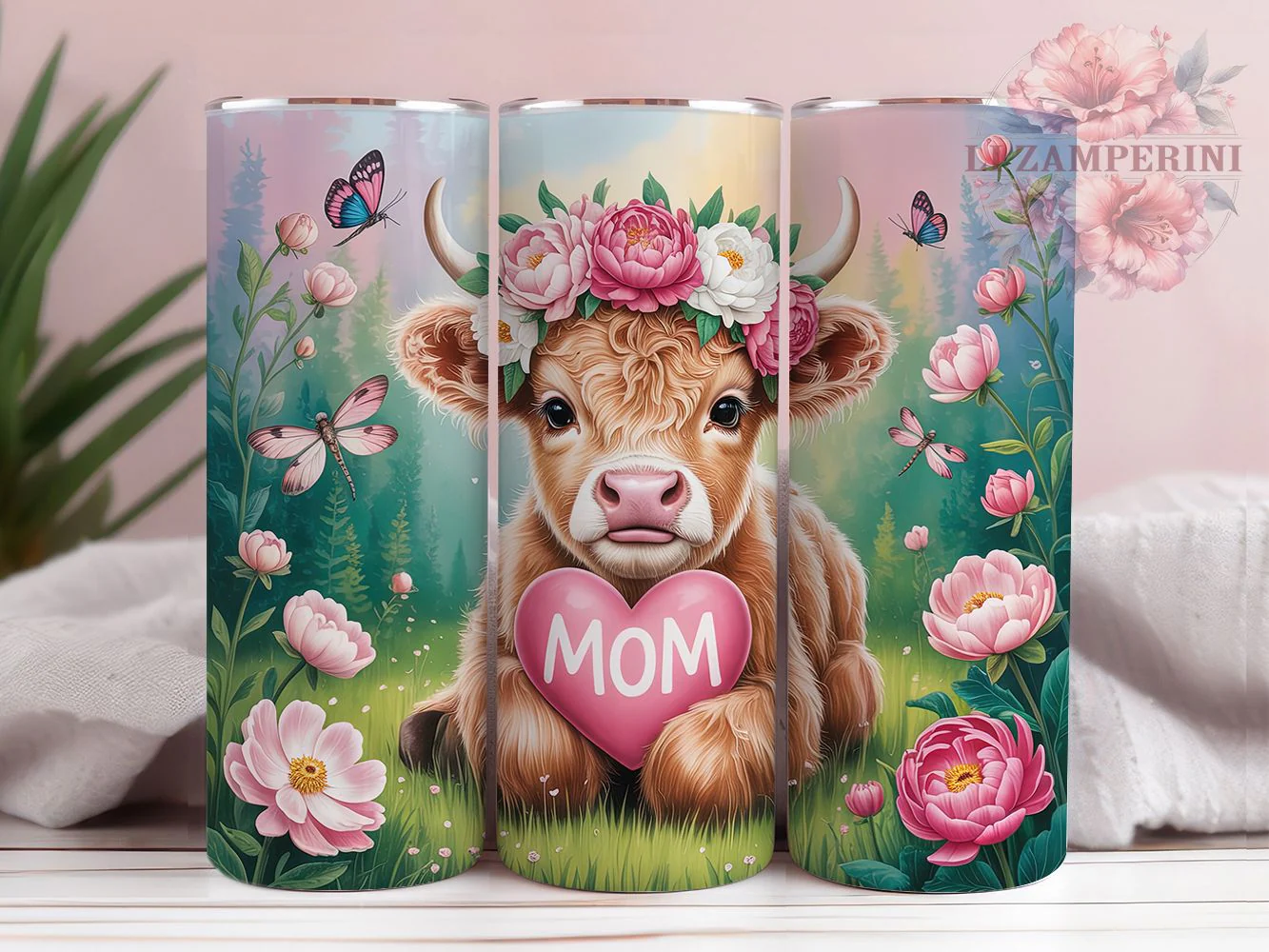 Floral Crown Highland Cow Tumbler, Butterfly Cow Tumbler, Highland Cow Wrap, Rustic Farmhouse Wrap, Whimsical Cow Wrap, Sublimation Design, Trendy Gift Idea