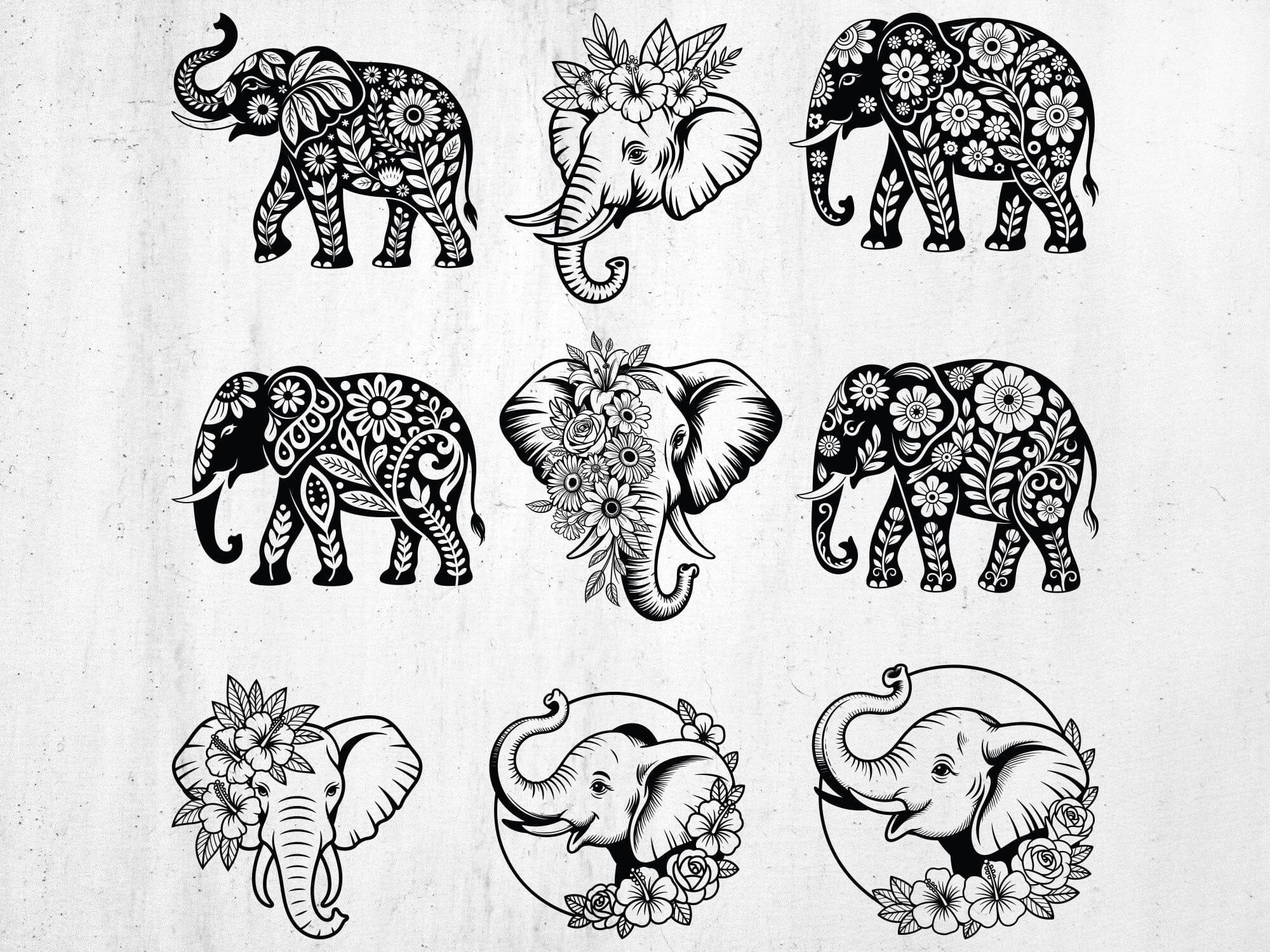 Floral Elephant SVG Bundle, Flower Animal Svg, Cute Animal SVG