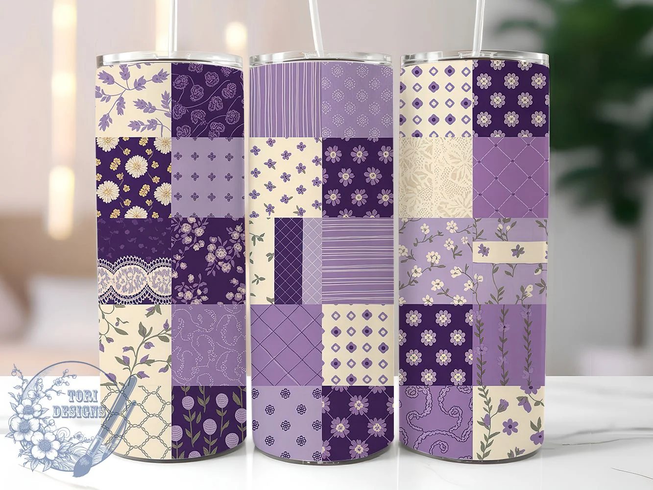 Floral Patchwork Quilting Tumbler Wrap, Floral Patchwork, Polka Dots, Handmade Style, Cozy Design, Tumbler Wrap, Sublimation Design