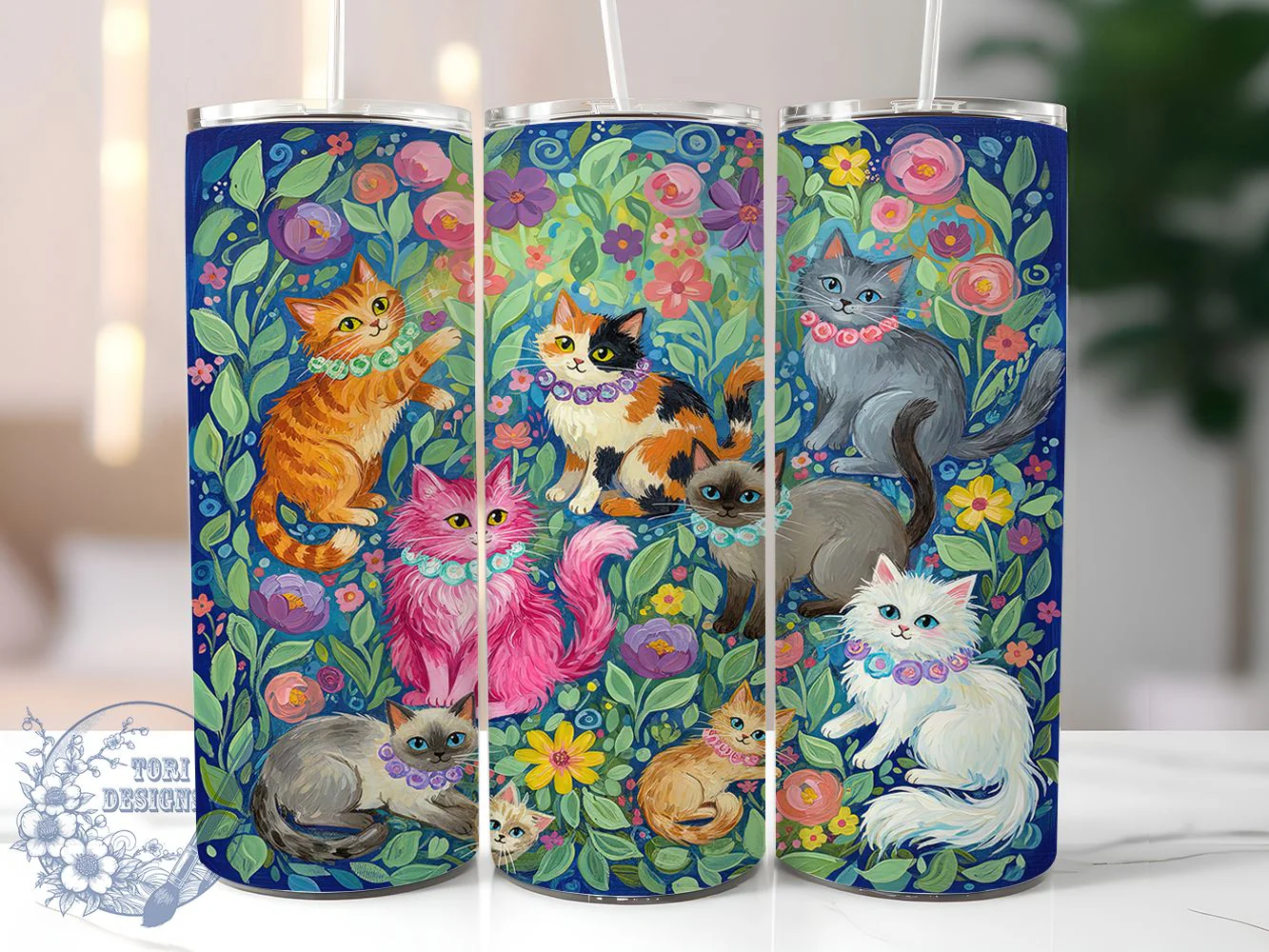 Floral Spring Cats Tumbler Wrap, Floral Spring, Cute Design, Nature Style, Playful Art, Tumbler Wrap, Sublimation Design