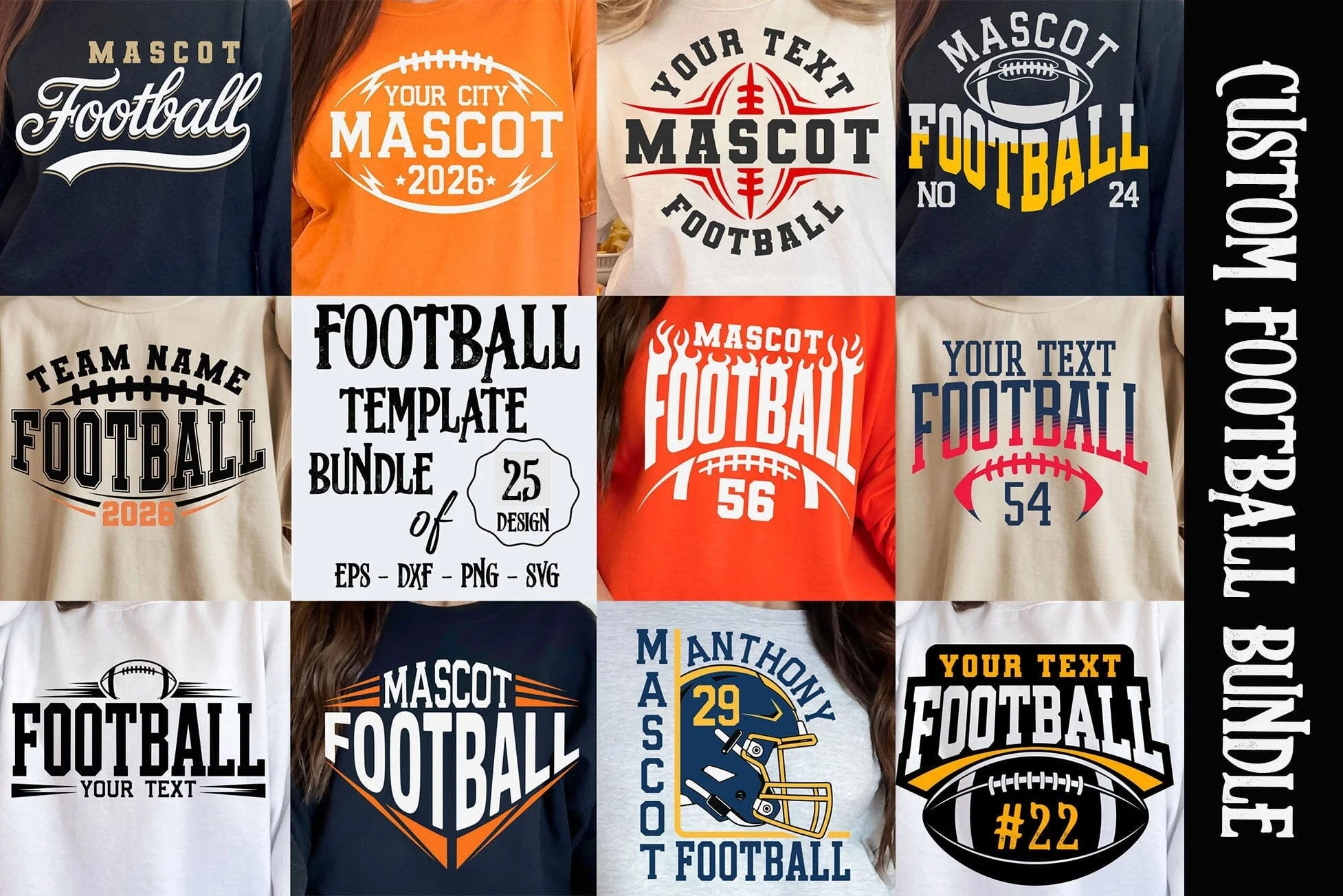 Football Bundle svg, Custom Football Template Bundle, Mascot Design, Player Shirt Designs