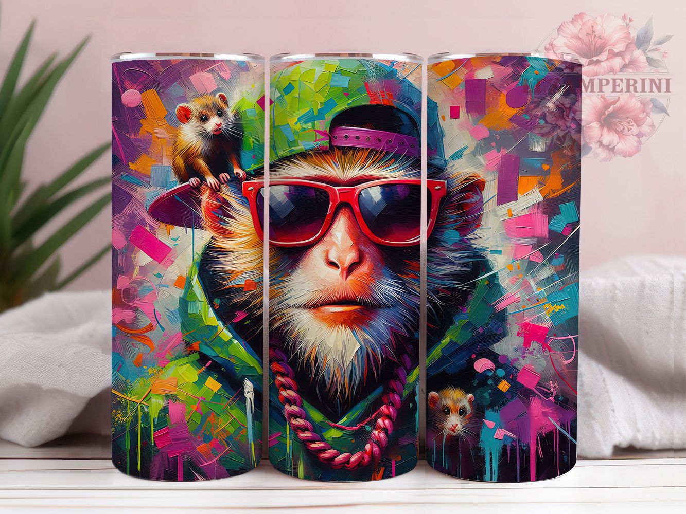 Funky Artistic Monkey Tumbler, Cool Animal, Artistic Style, Whimsical Theme, Bold Design, 20Oz Tumbler, Sublimation Wrap