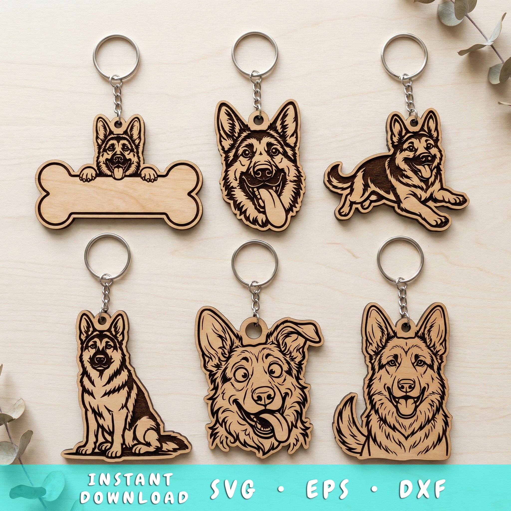 German Shepherd Keychain SVG Bundle, 6 Laser Cut Dog Keychain Files, Personalized Bone Design, Glowforge Cricut DXF EPS Cnc