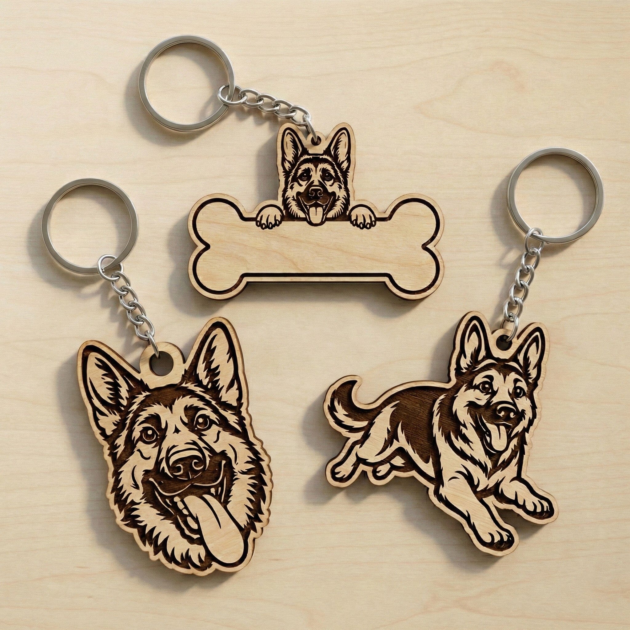 German Shepherd Keychain SVG Bundle, 6 Laser Cut Dog Keychain Files, Personalized Bone Design, Glowforge Cricut DXF EPS Cnc - Image 2