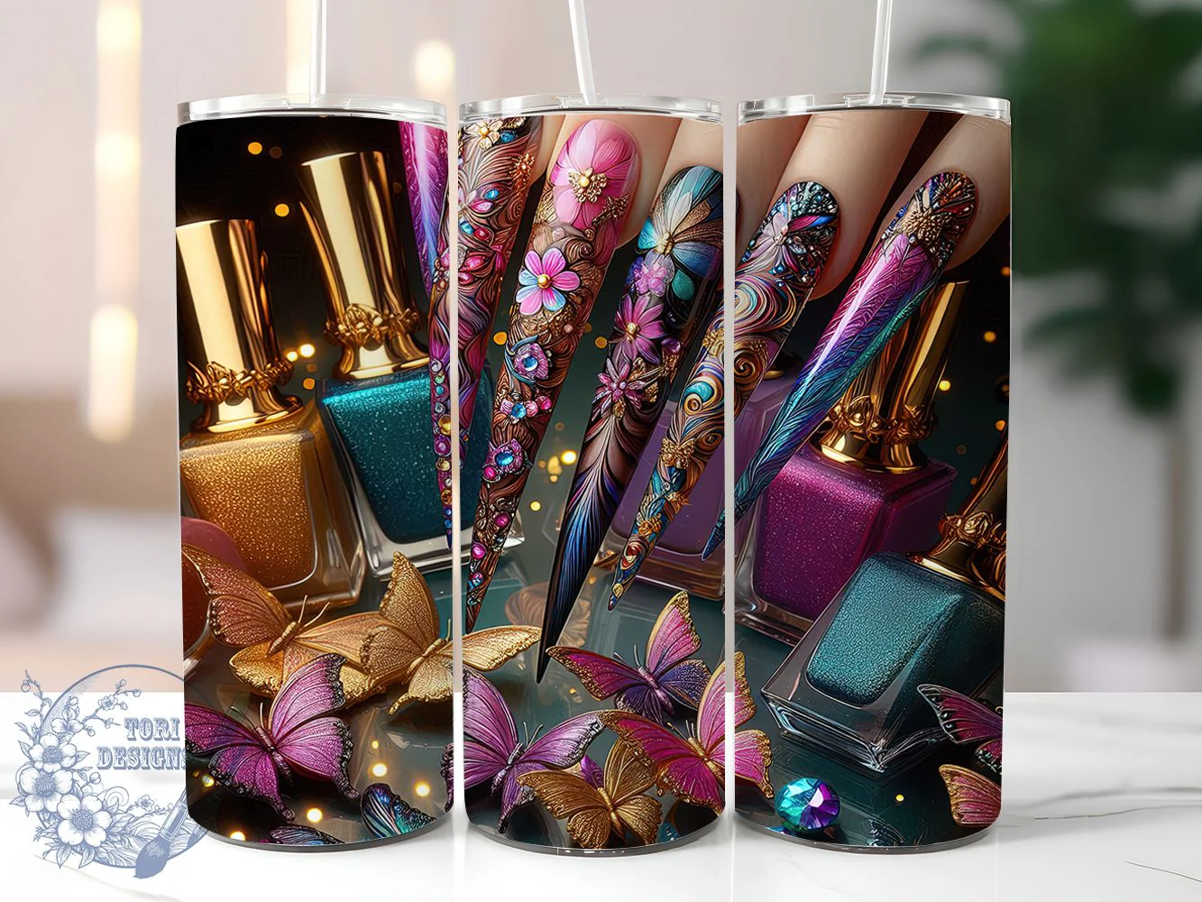 Glam Butterfly Nail Artist Tumbler, Butterfly Nails Tumbler, Glam Nail Wrap, Whimsical Butterfly Wrap, Stylish Nail Art Wrap, Sublimation Design, Trendy Gift Idea