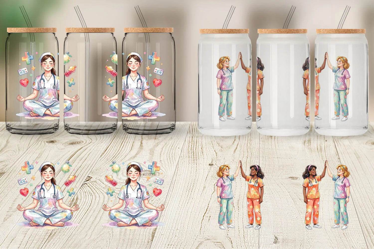 Glass Can Watercolor 70s Retro Nurse Characters - Image 2