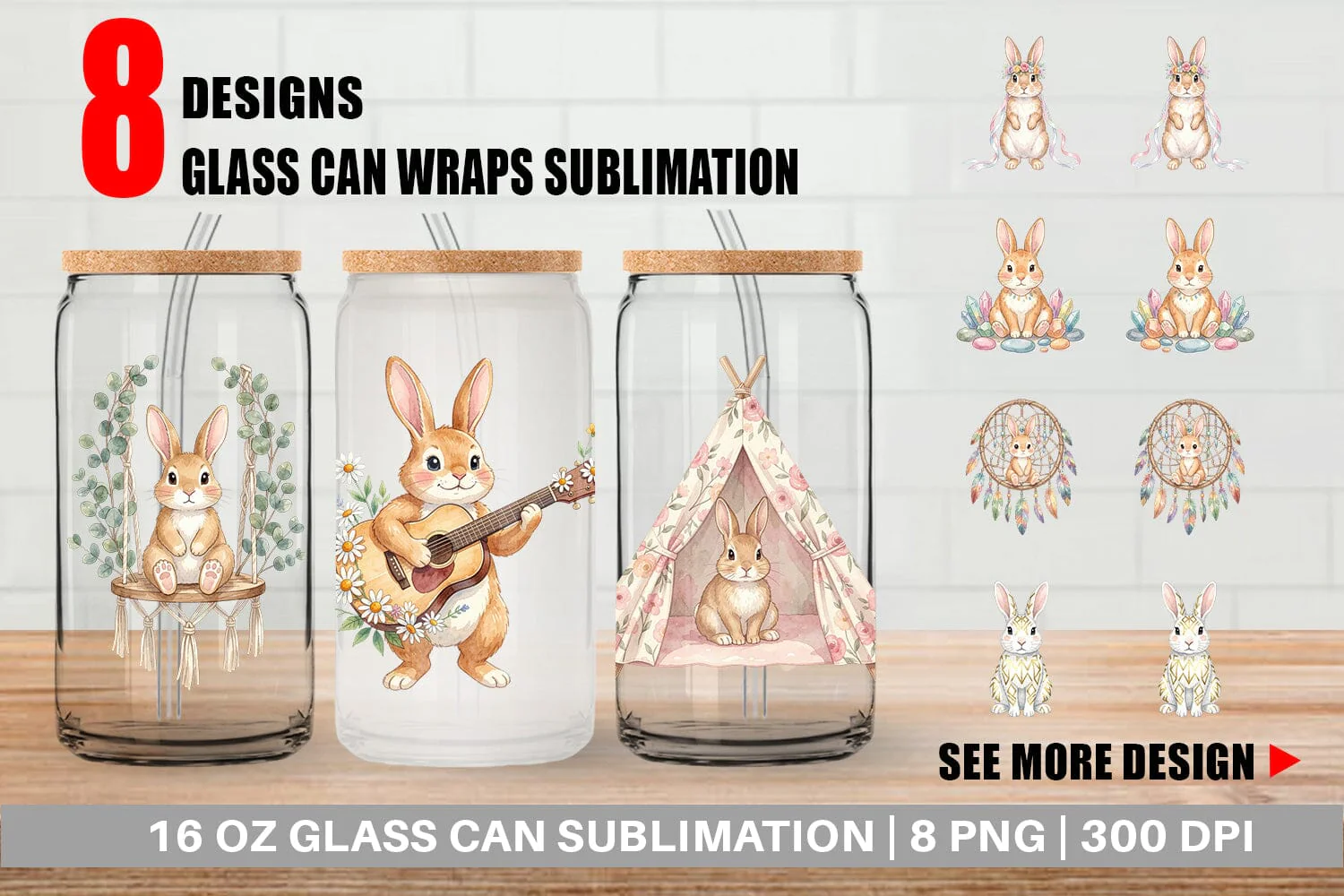 Glass Can Watercolor Boho Chic Easter Bunny