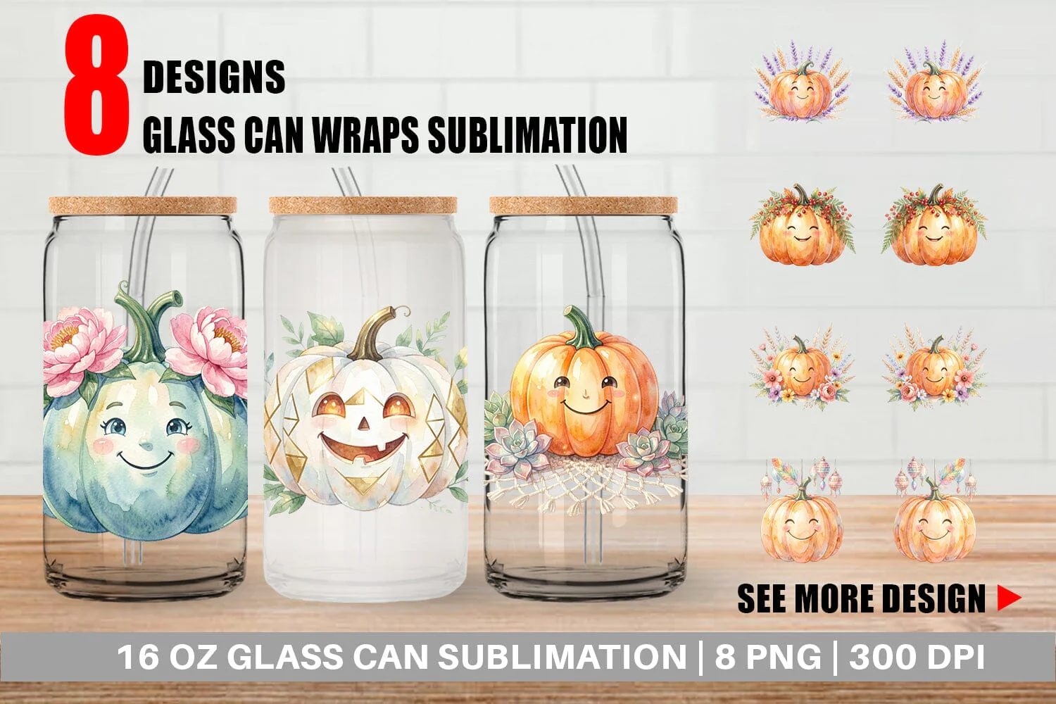 Glass Can Watercolor Boho Floral Smiling Pumpkin
