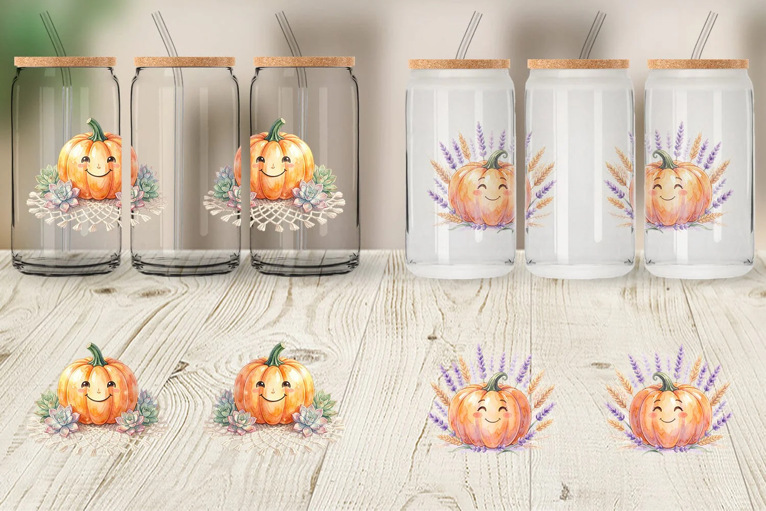 Glass Can Watercolor Boho Floral Smiling Pumpkin - Image 3