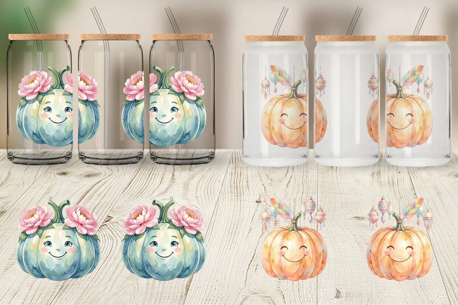 Glass Can Watercolor Boho Floral Smiling Pumpkin - Image 4
