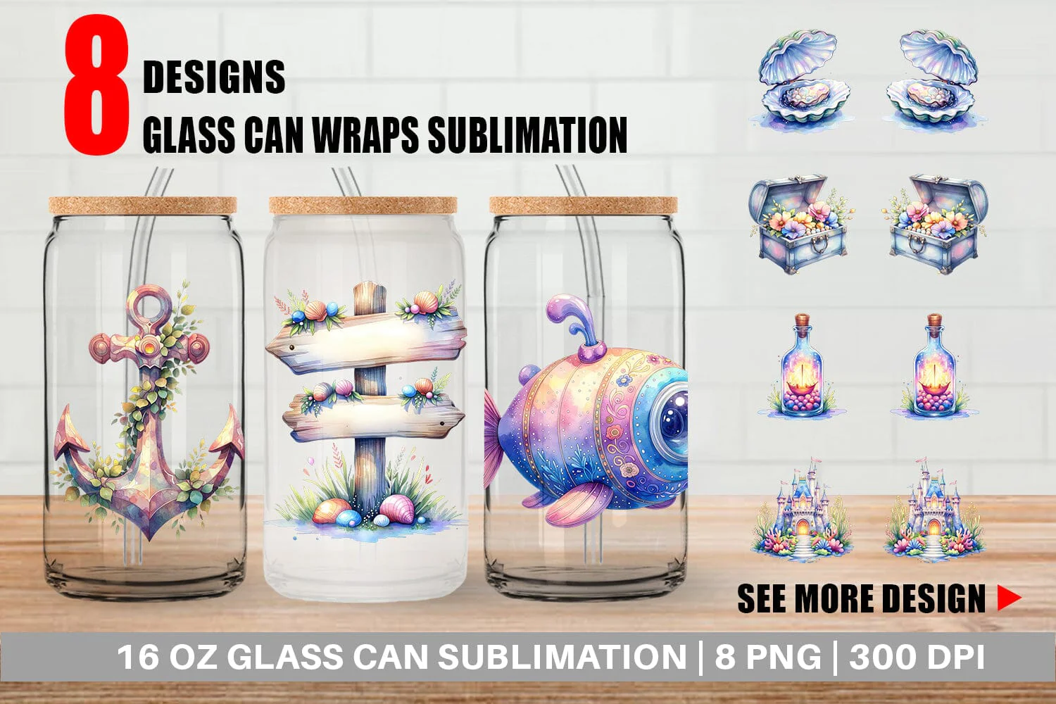 Glass Can Watercolor Cute Ocean Objects