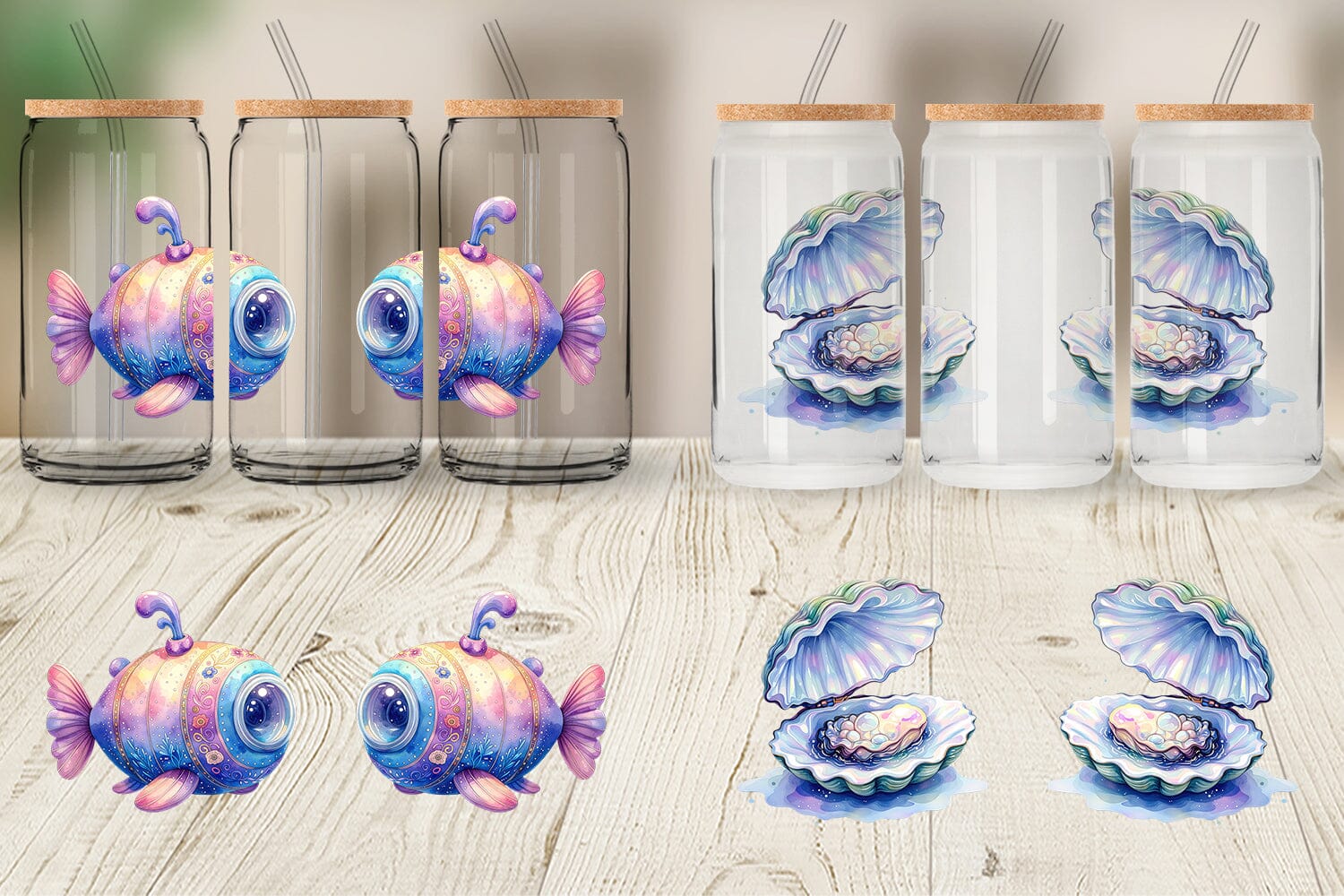 Glass Can Watercolor Cute Ocean Objects - Image 3