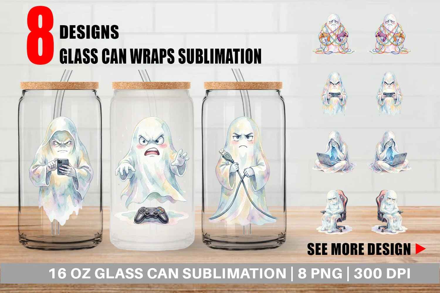 Glass Can Watercolor Funny Grumpy Gamer Ghost