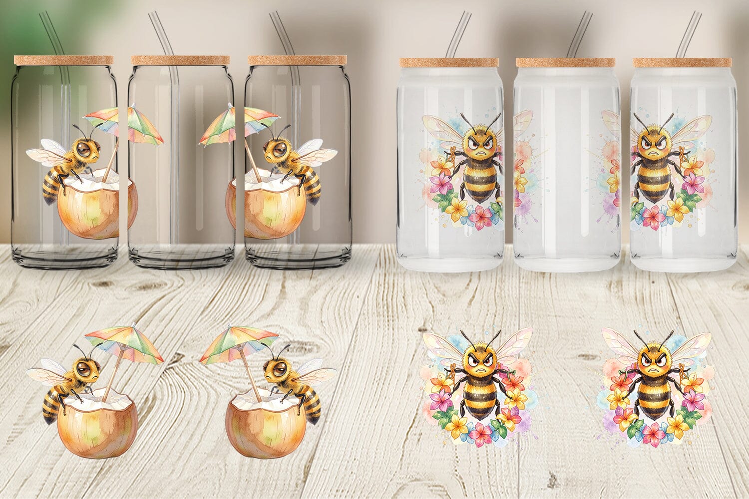 Glass Can Watercolor Funny Grumpy Tropical Bee - Image 3