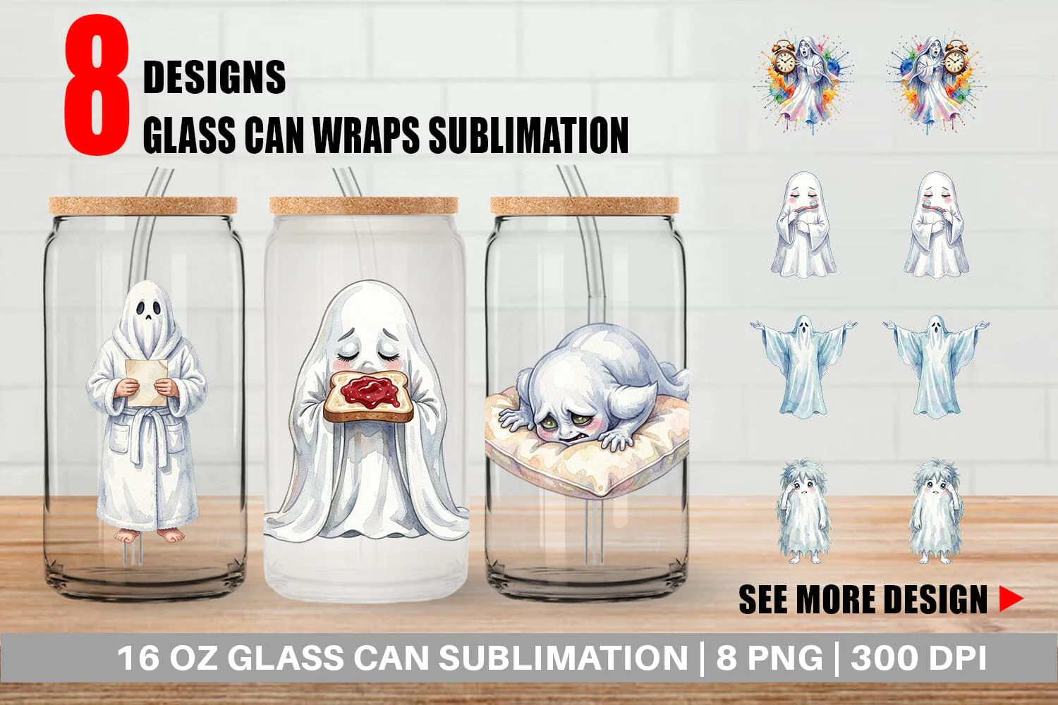Glass Can Watercolor Groggy Morning Coffee Ghost