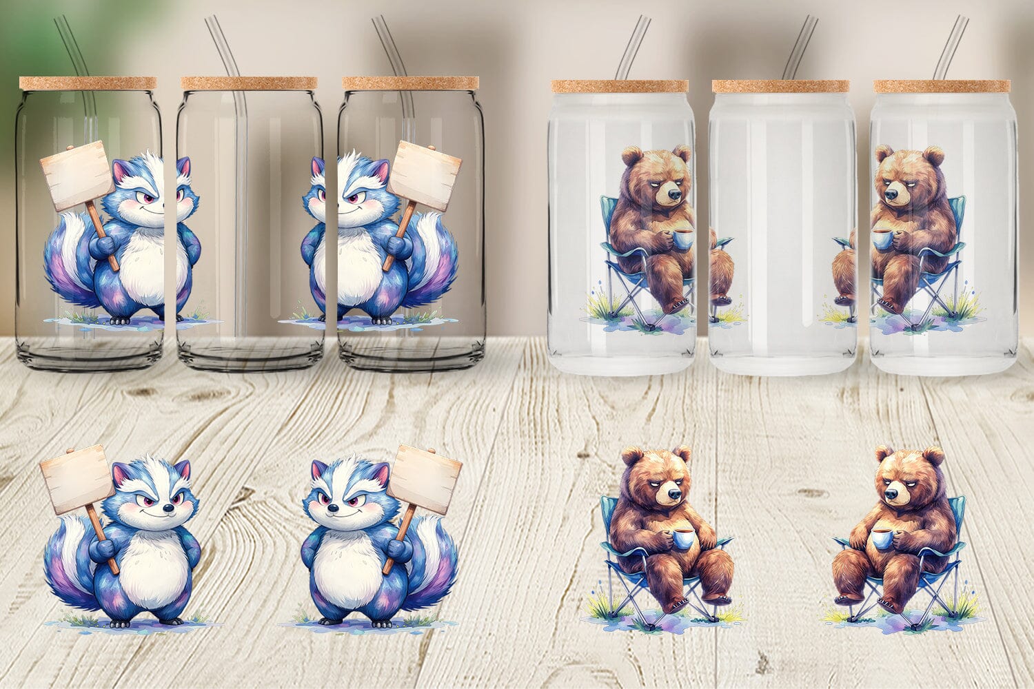 Glass Can Watercolor Grumpy Camping Animals - Image 3