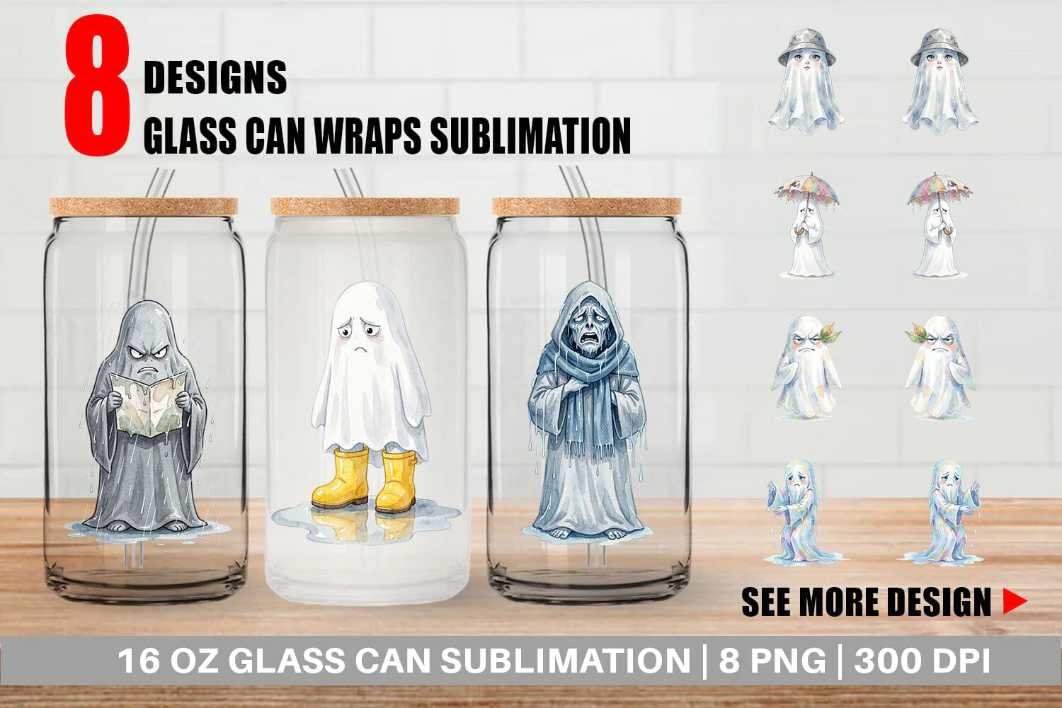 Glass Can Watercolor Grumpy Rainy Day Ghost Art