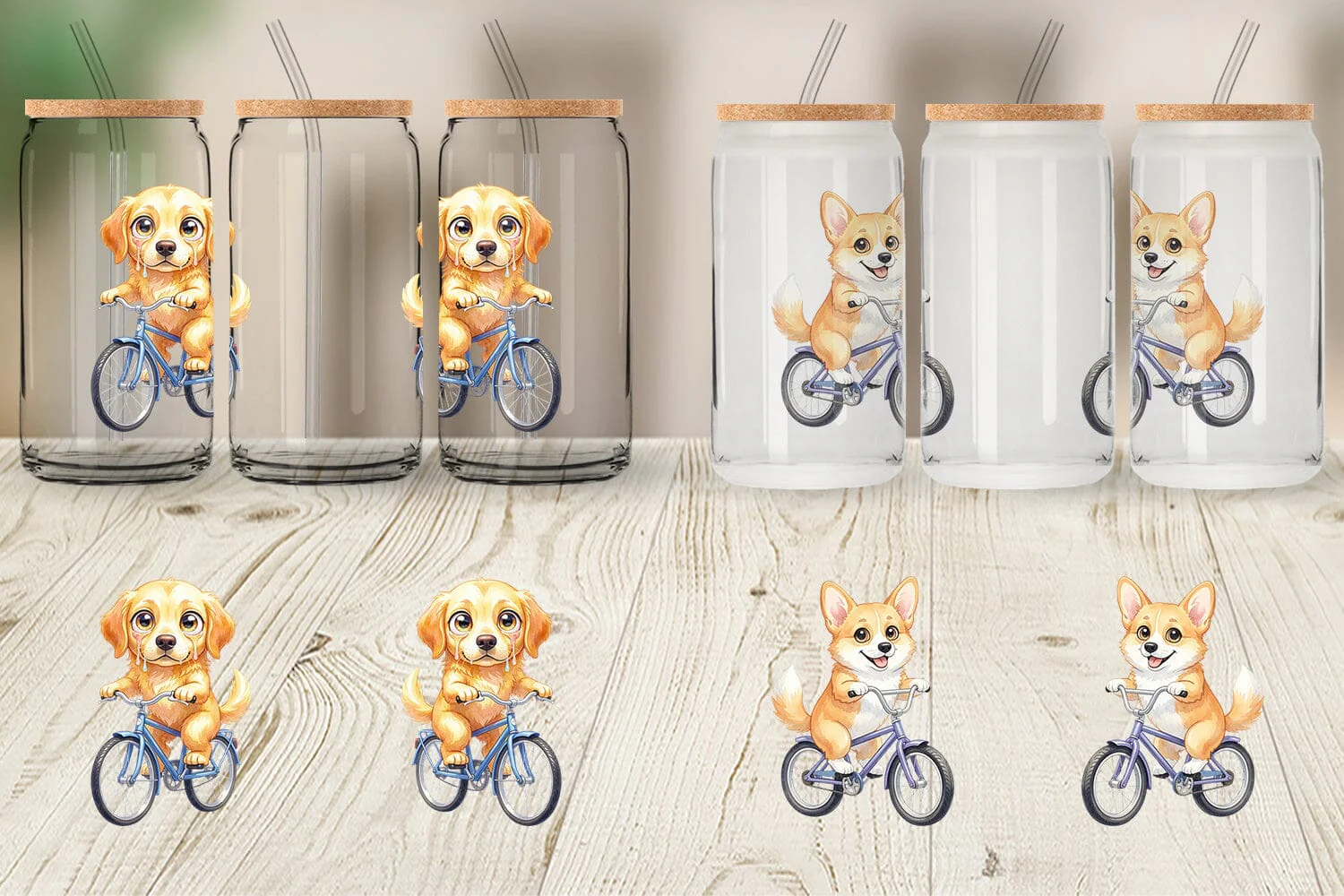 Glass Can Watercolor Puppy Eye Dogs on Bicycle - Image 4