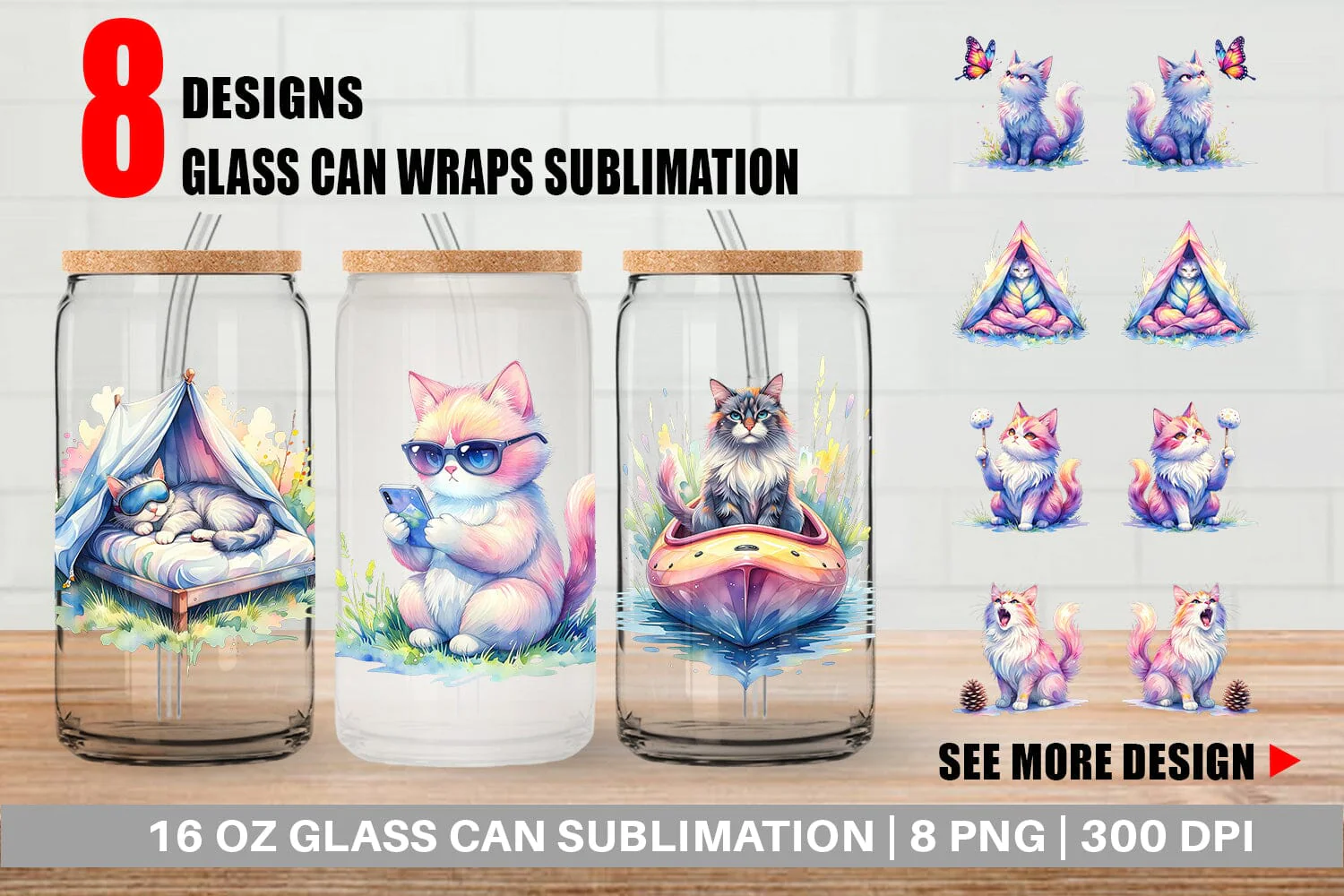 Glass Can Watercolor Sassy Sarcastic Camping Cat