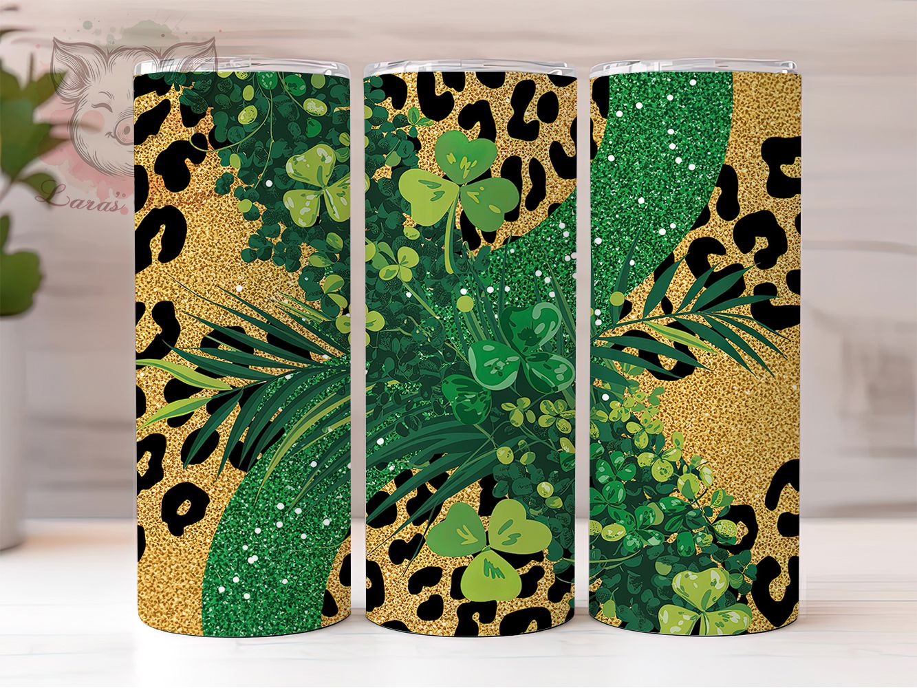 Glitter Animal Print Shamrock Tumbler, Animal Print Tumbler, Stylish 20oz Wrap, Sublimation Design, Trendy Gift Idea, Seamless Clover Wrap, St. Patrick’s Lucky Tumbler
