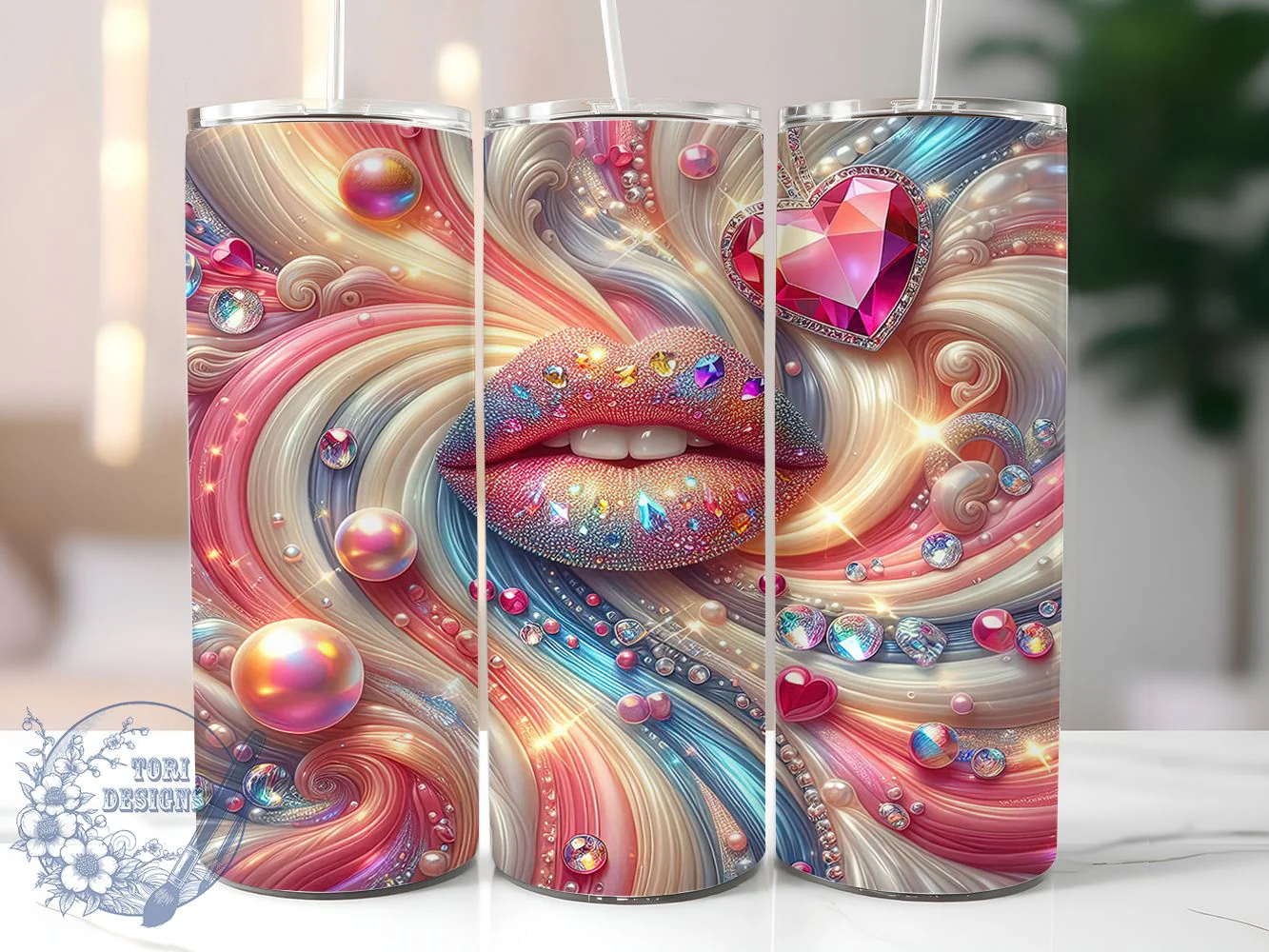 Glitter Crystal Heart Tumbler, Crystal Hearts, Pink Sparklecore, Valentine's Day, Romantic Theme, 20Oz Tumbler, Sublimation Wrap