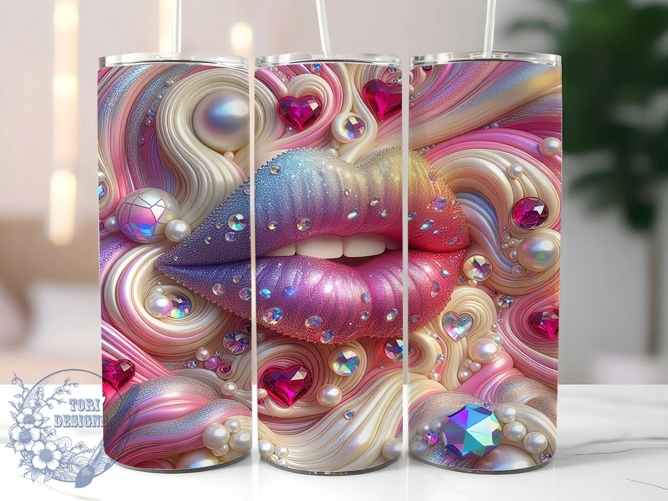Glitter Crystal Heart Tumbler, Crystal Hearts, Pink Sparklecore, Valentine's Day, Romantic Theme, 20Oz Tumbler, Sublimation Wrap