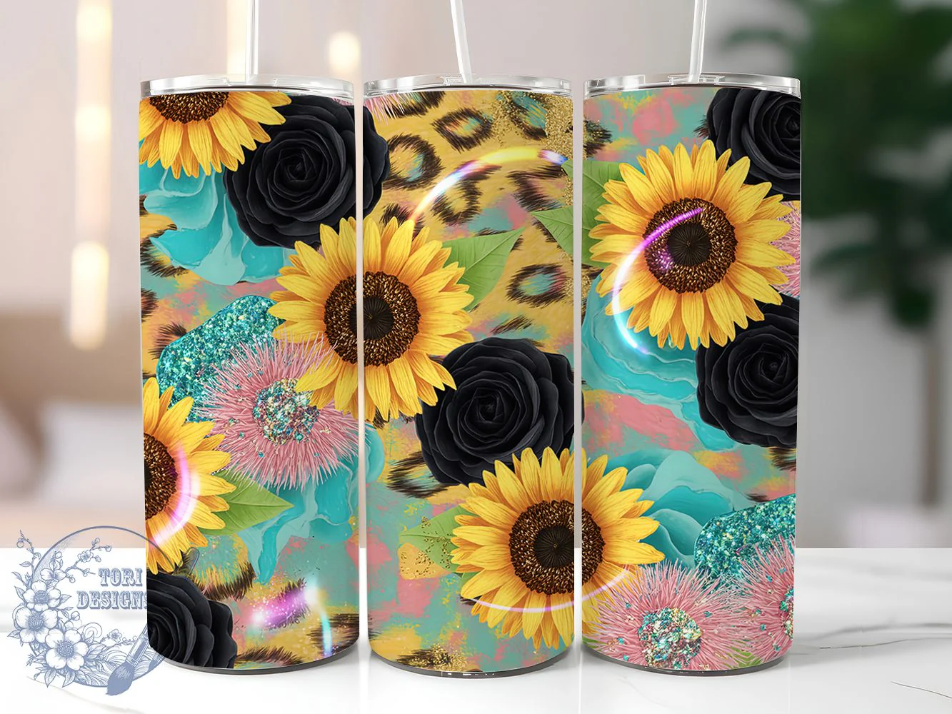 Glitter Leopard Sunflower Glam Tumbler Wrap, Glitter Style, Leopard Print, Bold Floral, Glam Wrap, Wild Design, Sublimation Design