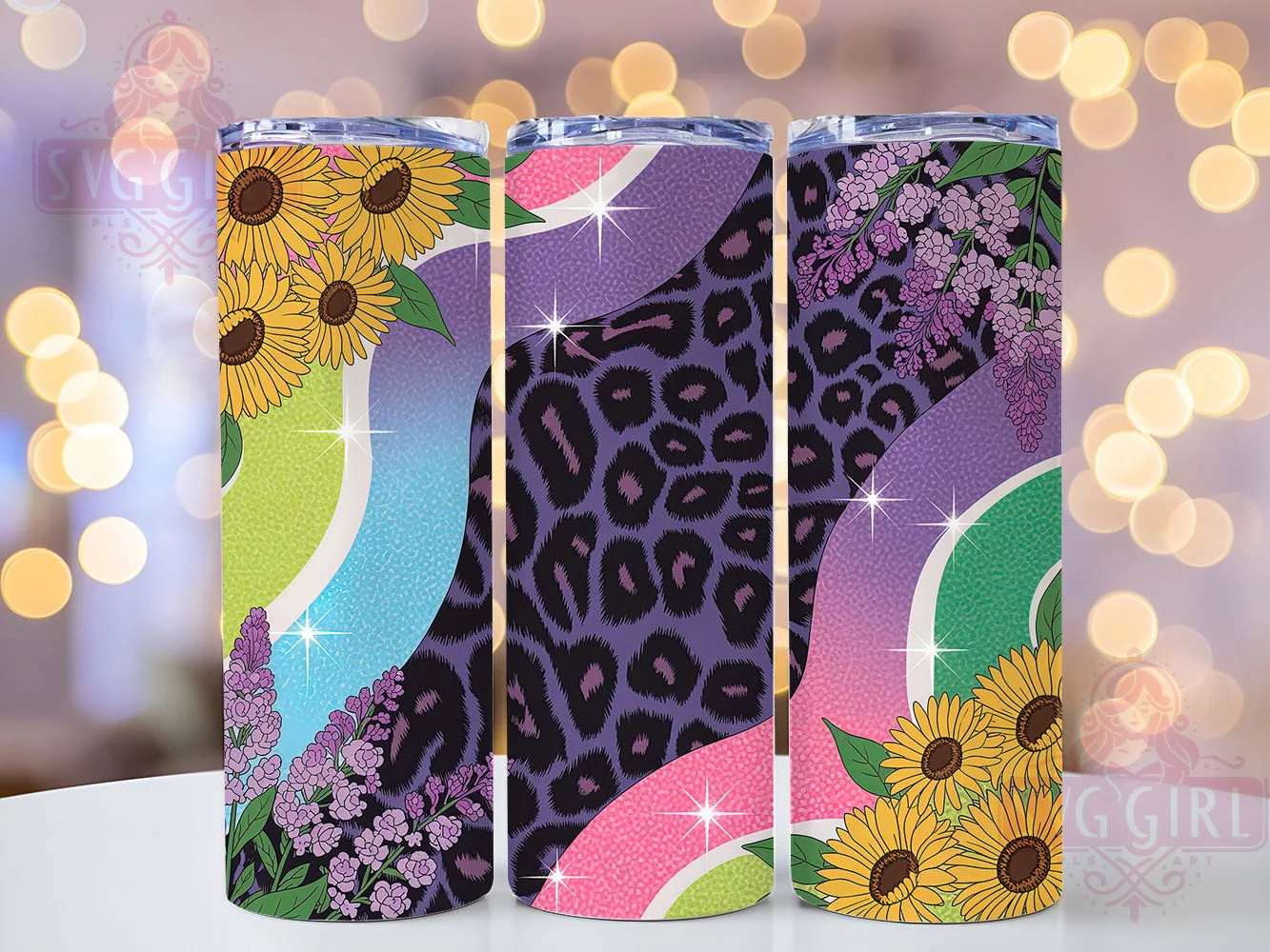 Glitter Leopard Sunflower Tumbler Wrap, Glitter Style, Leopard Print, Seamless Pattern, Bold Floral, Glam Design, Sublimation Wrap
