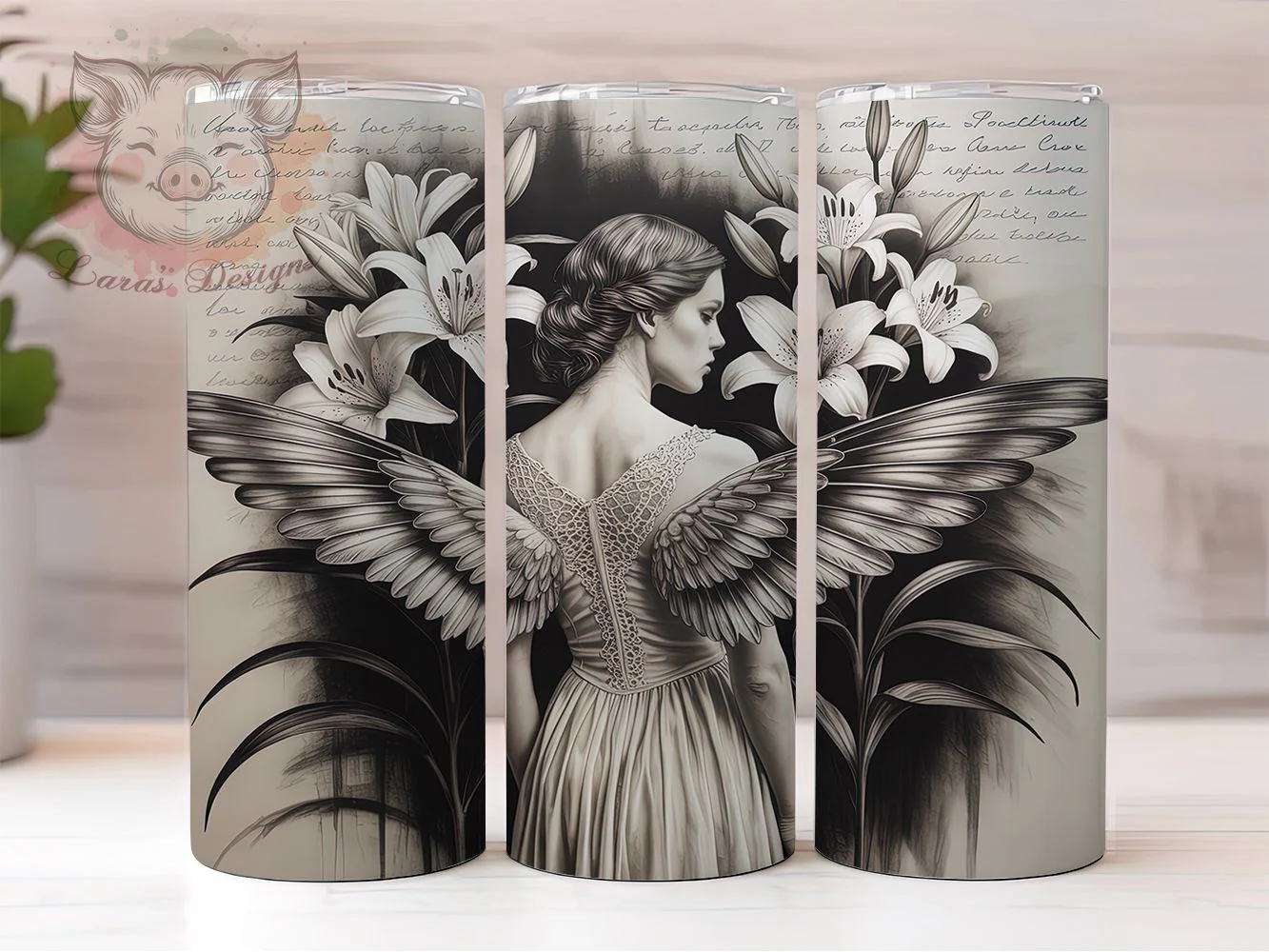 Gothic Floral Angel Tumbler, Feminine Wings, Vintage Floral, Mystical Art, Elegant Design, 20Oz Tumbler, Sublimation Wrap