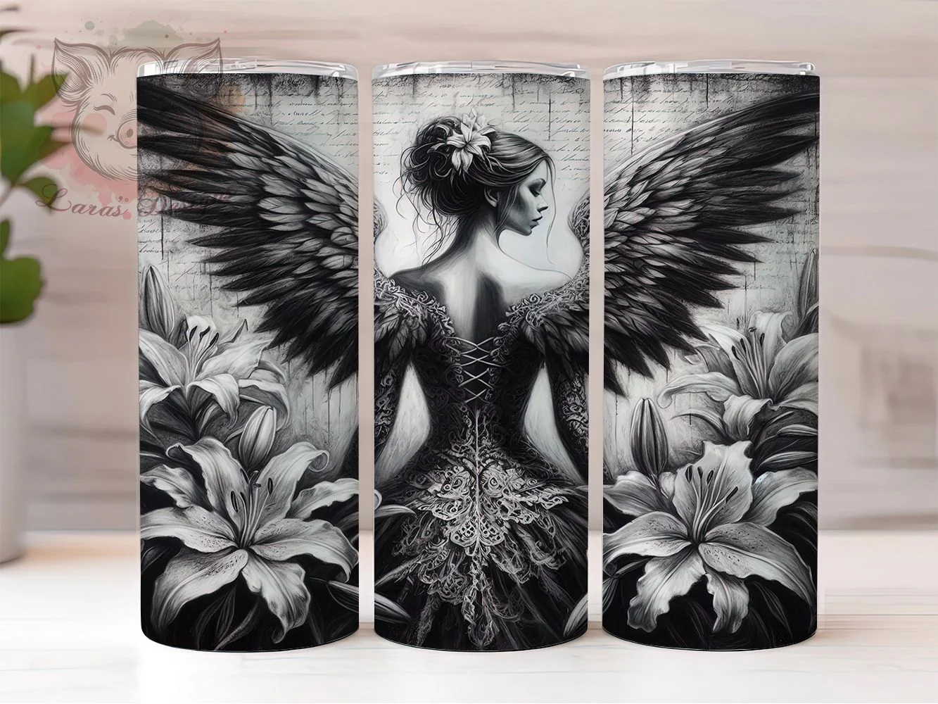 Gothic Floral Angel Tumbler, Feminine Wings, Vintage Floral, Mystical Art, Elegant Design, 20Oz Tumbler, Sublimation Wrap