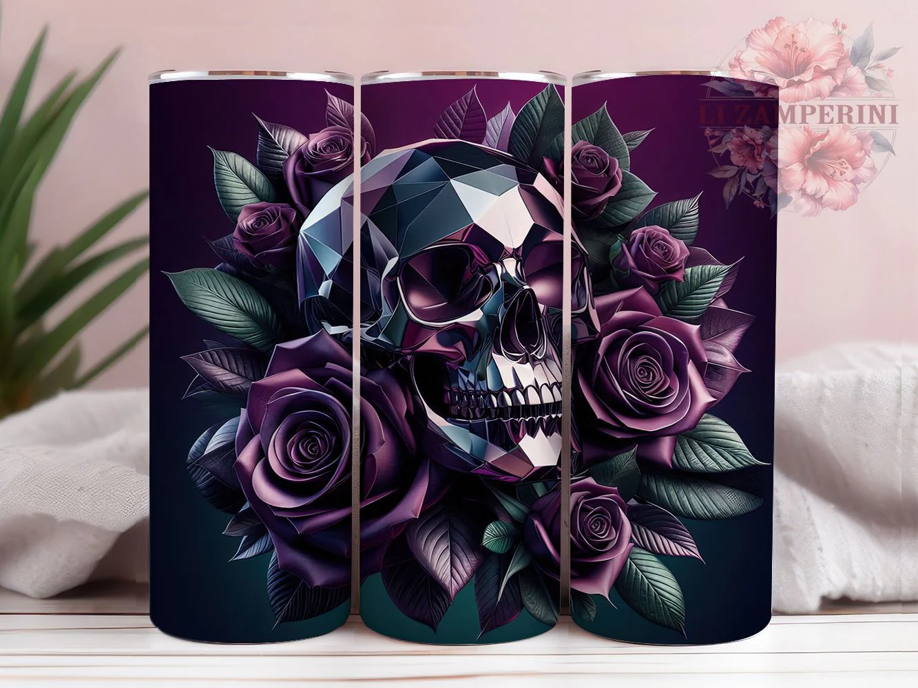 Gothic Purple Rose Skull Tumbler, Purple Floral Theme, Gothic Chic Wrap, Dark Romantic Style, Elegant Macabre Design, Seamless Artistic Print, Alternative Bloom Pattern, 20Oz Tumbler, Sublimation