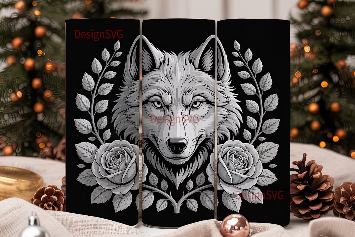 Grayscale Wolf & Roses 20oz Tumbler Wrap - Image 2