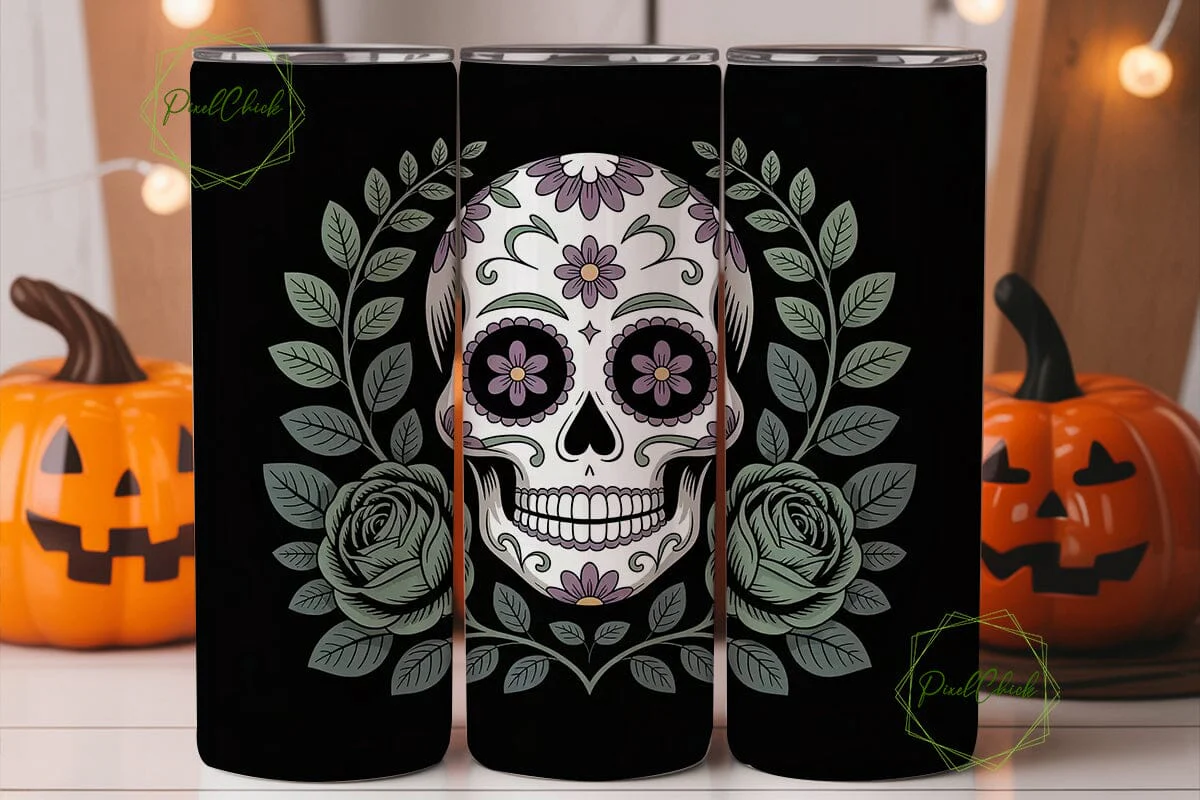 Green Sugar Skull Floral 20oz Tumbler - Image 3