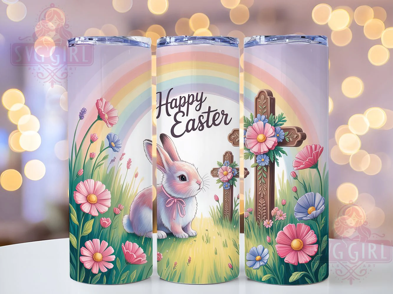 Happy Easter Bunny Cross Tumbler, Bunny Cross Tumbler, Floral Christian Wrap, Stylish 20oz Wrap, Sublimation Design, Trendy Gift Idea, Inspirational Easter Tumbler