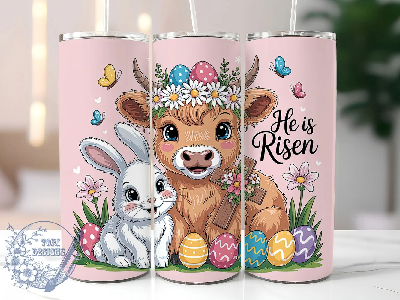 He Is Risen Highland Cow Tumbler, Easter Highland Cow Tumbler, Stylish 20oz Wrap, Sublimation Design, Trendy Gift Idea, Religious Easter Wrap, Inspirational Cow Tumbler