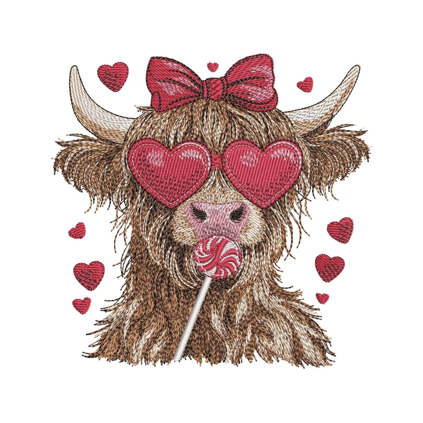 Highland Cow Girl with Hearts and Lollipop Embroidery Design, Love Embroidery File, 3 Sizes, Instant Download