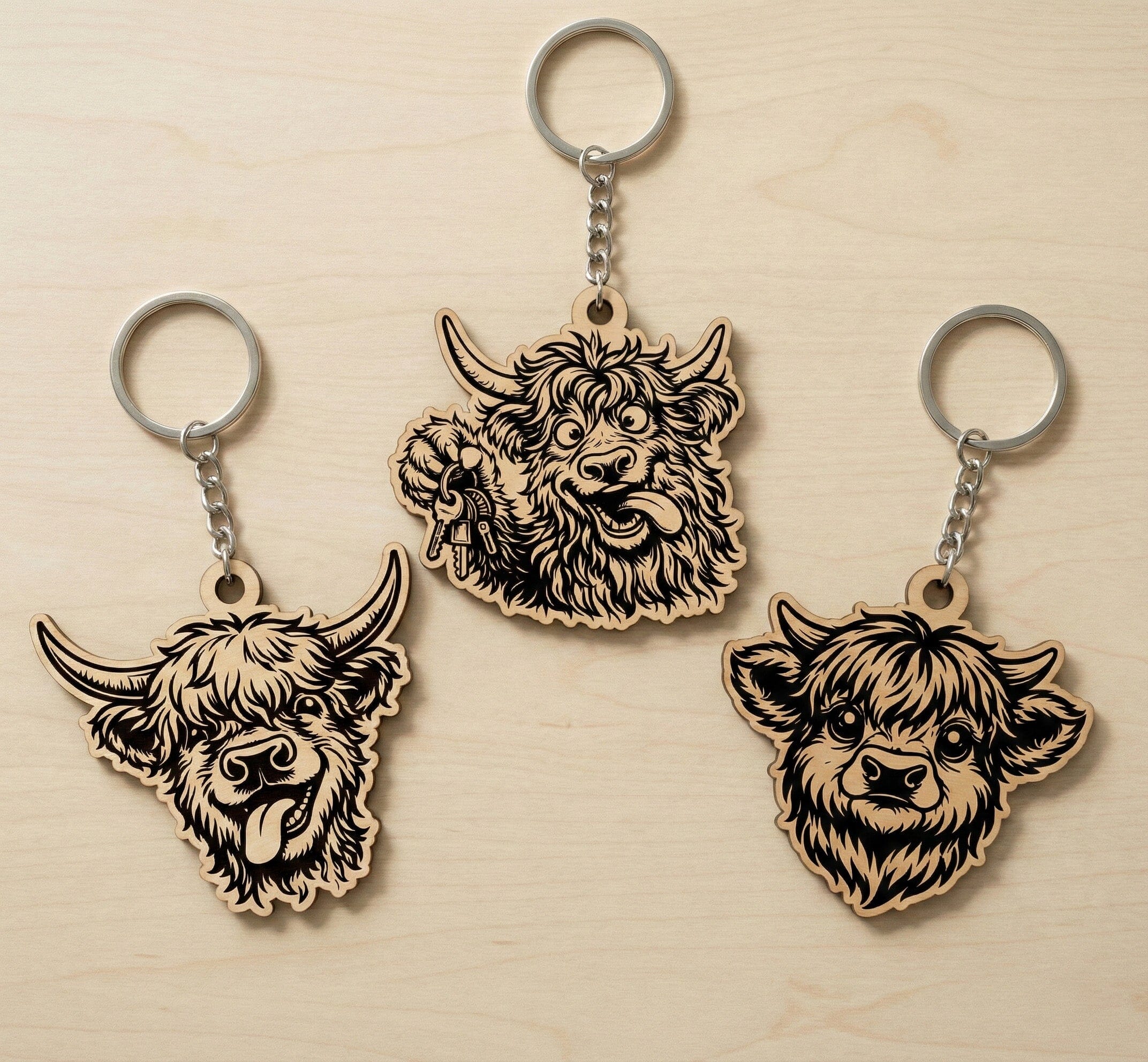Highland Cow Keychain SVG Bundle, Cute Cow Laser Cut Files, Farm Animal Wooden Keyring DXF EPS Cricut Glowforge - Image 2