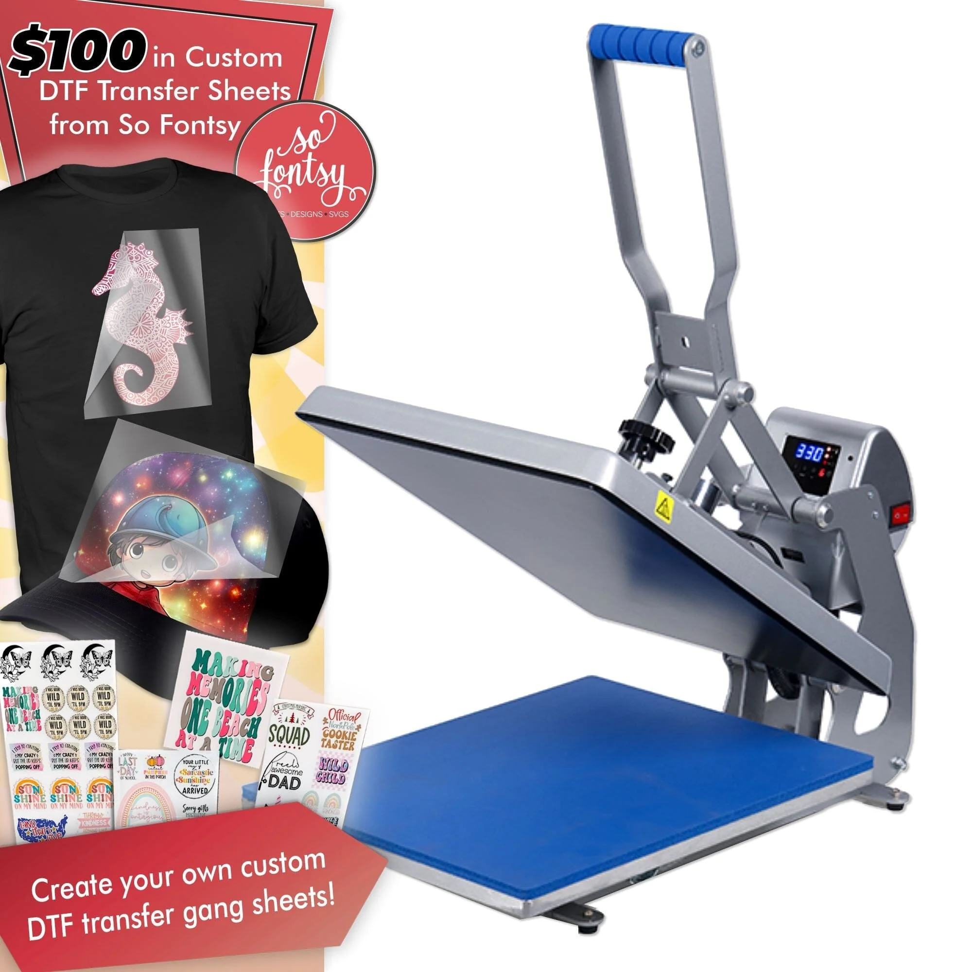 Hotronix Automatic Clam Heat Press - 16″ x 20″ with $100 in DTF Custom Transfers