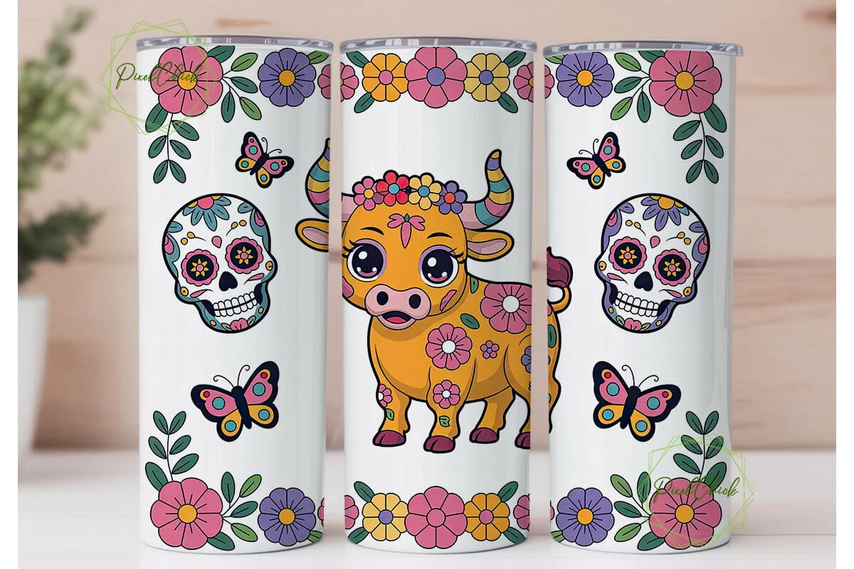 Kawaii Sugar Skull Bull Tumbler Wrap - Image 2
