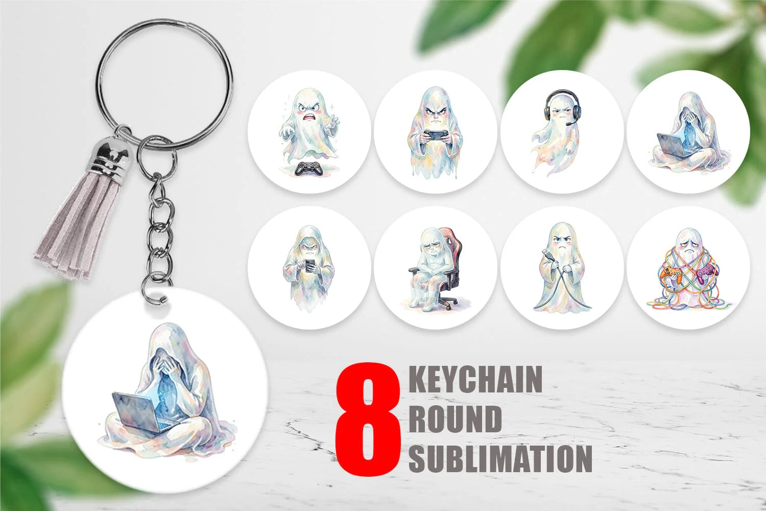 Keychain Watercolor Funny Grumpy Gamer Ghost