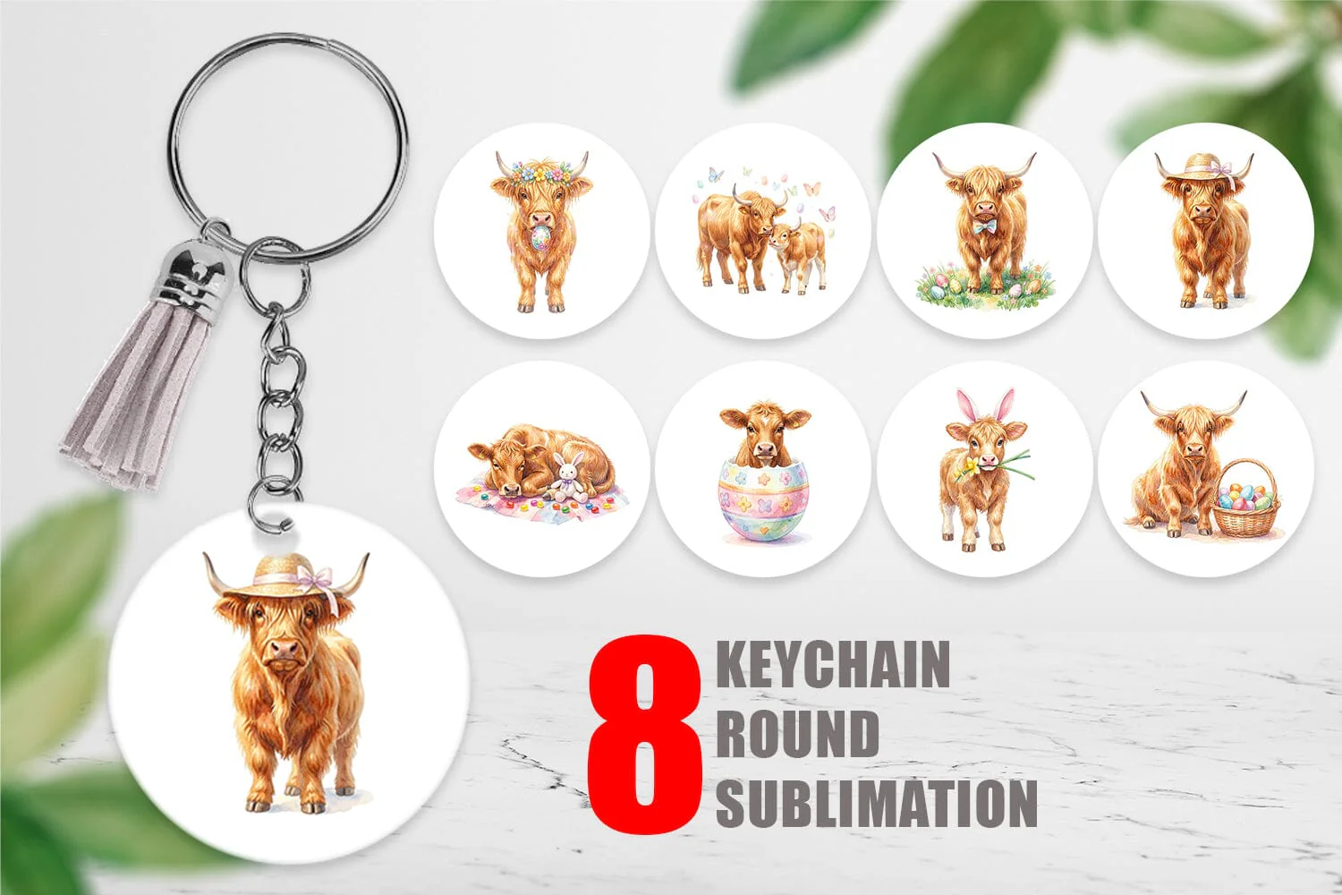 Keychain Watercolor Highland Cow Easter