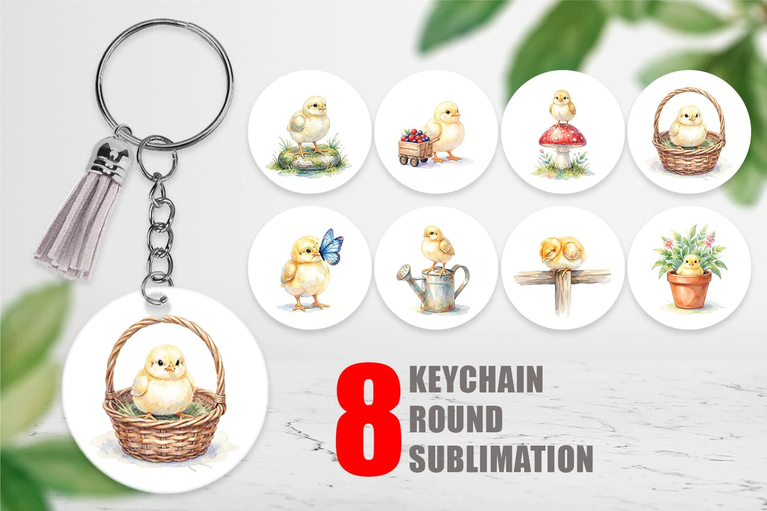Keychain Watercolor Rustic Garden Easter Chicks