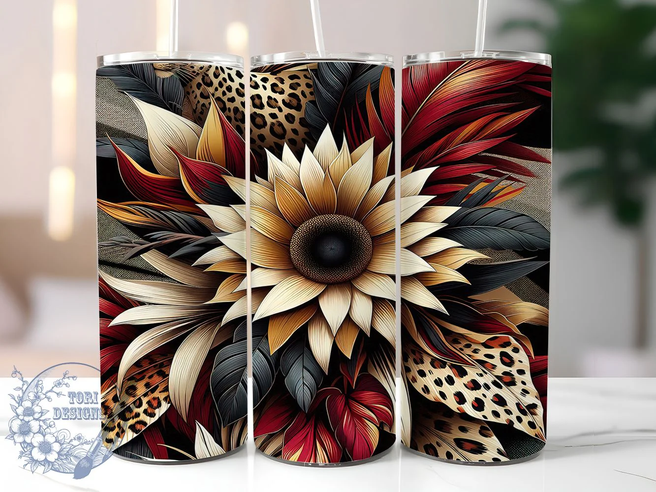Leopard Cheetah Sunflower Tumbler Wrap, Leopard Print, Cheetah Print, Bold Floral, Wild Style, Glam Wrap, Sublimation Design
