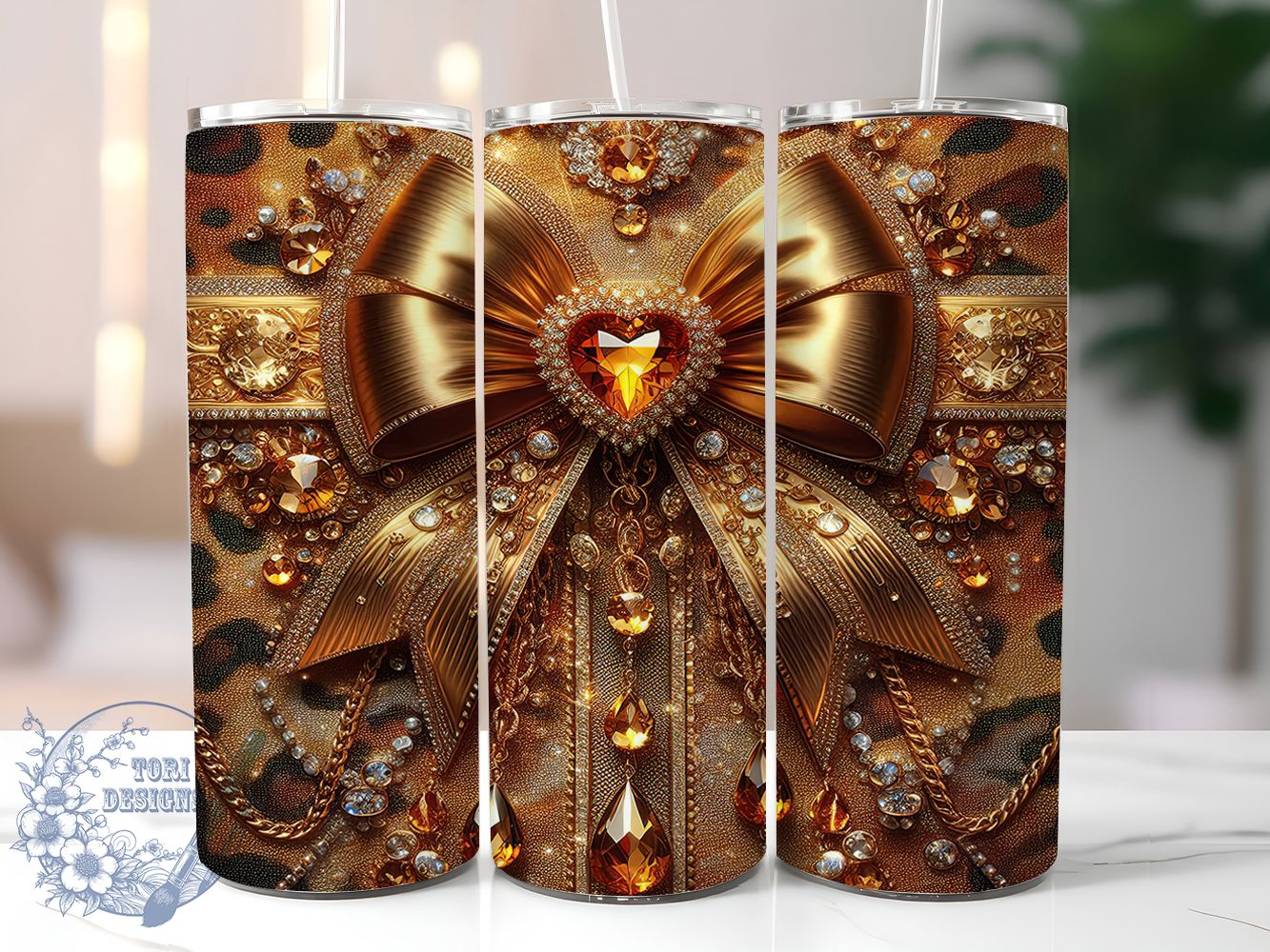 Leopard Glitter Gem Tumbler, Glitter Heart, Gem Design, Coquette Bow, Diamond Glam, 20Oz Tumbler, Sublimation Wrap